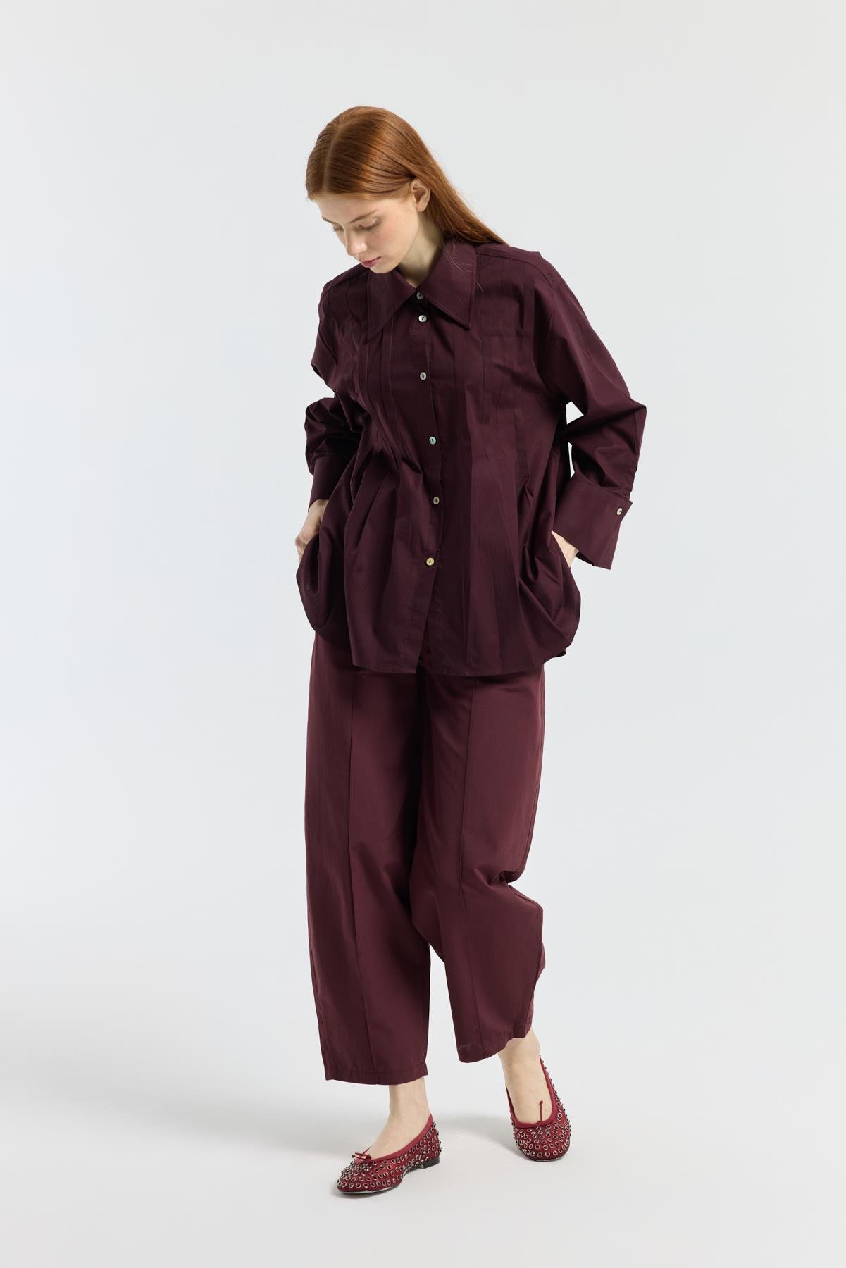 Kemerli Buggy Poplin Pantolon - Bordo