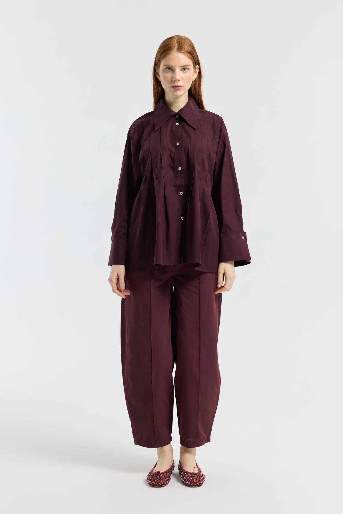 Kemerli Buggy Poplin Pantolon - Bordo