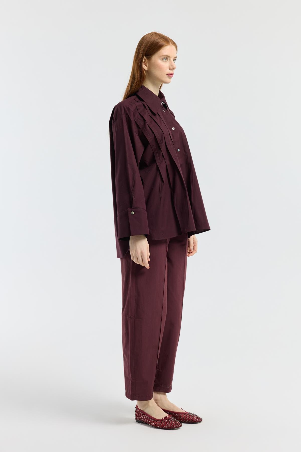 Kemerli Buggy Poplin Pantolon - Bordo