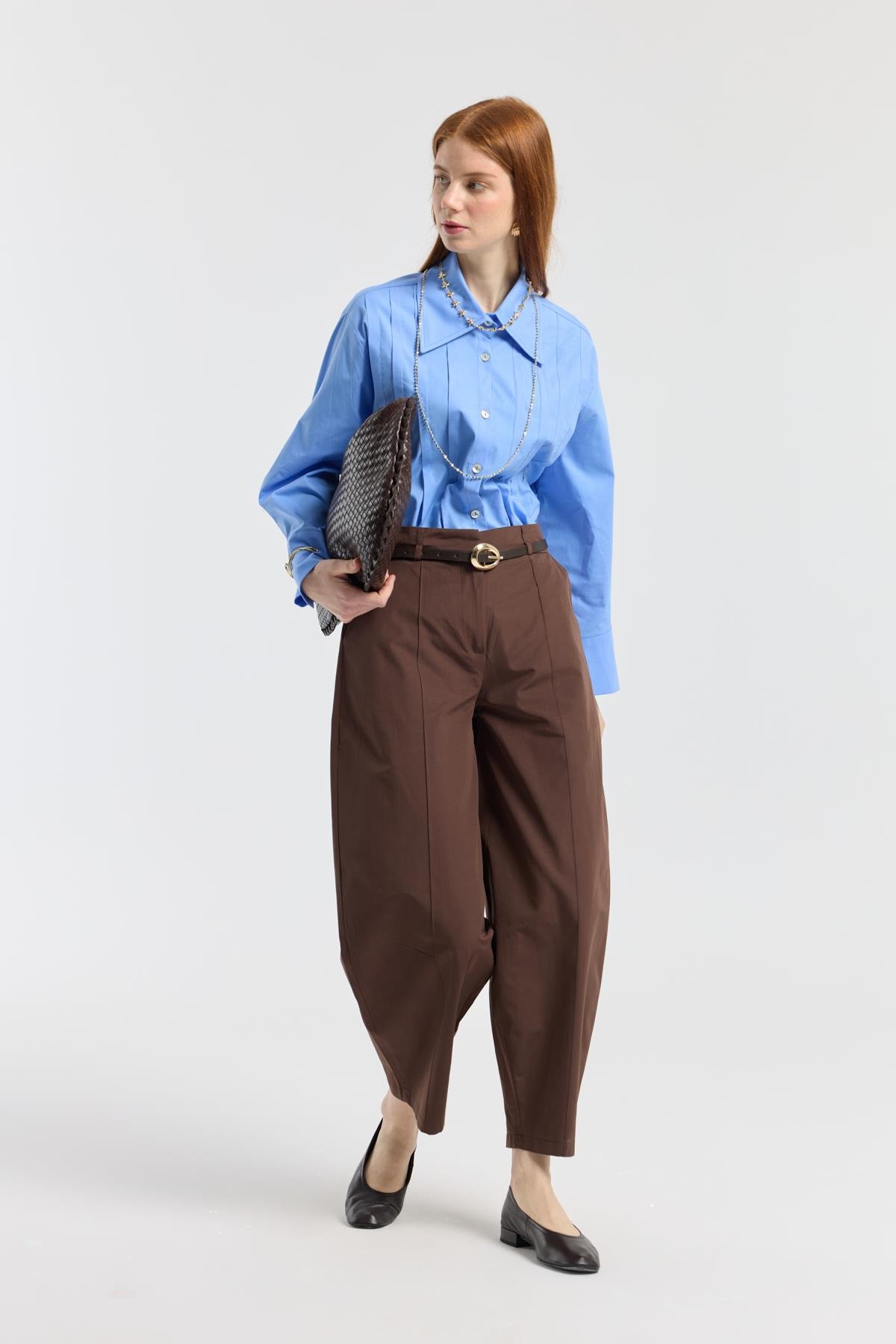 Kemerli Buggy Poplin Pantolon - Kahverengi