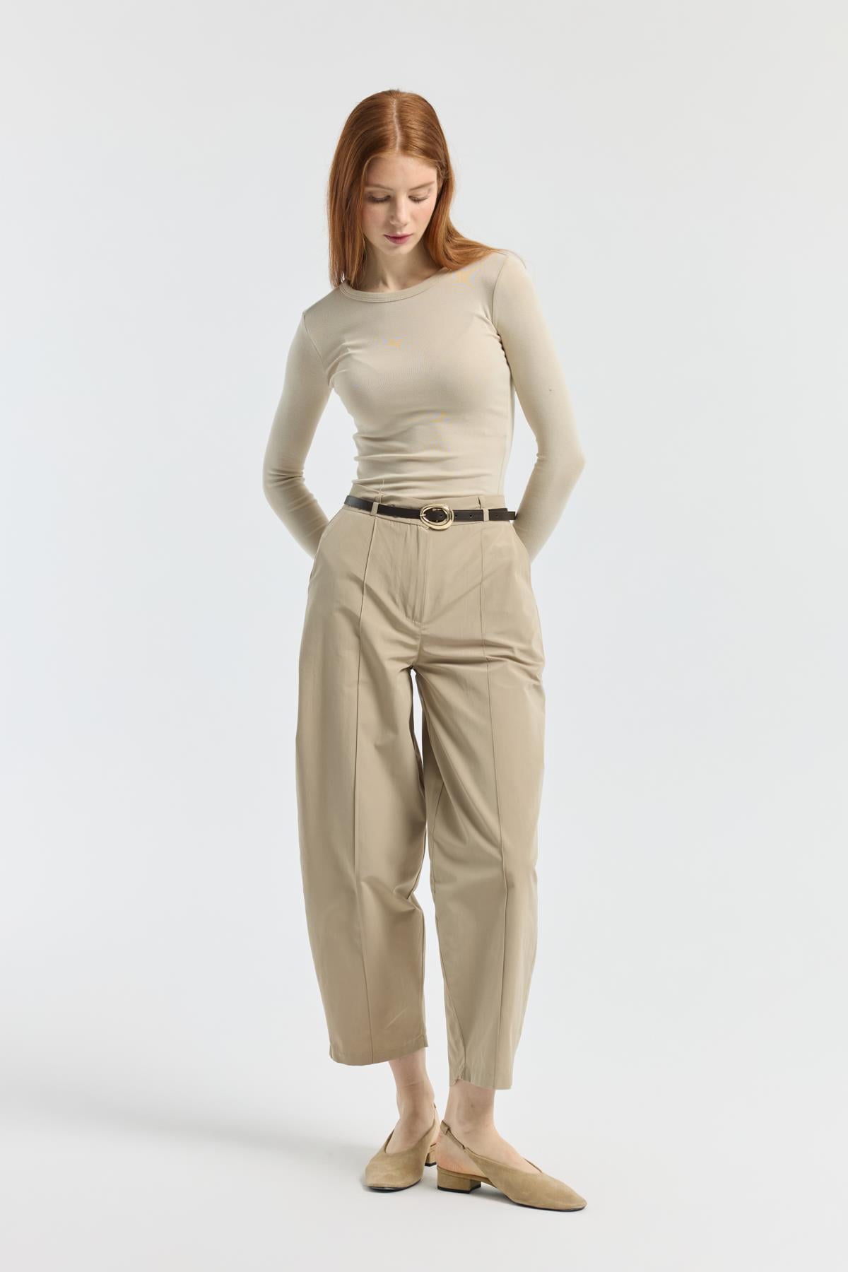 Kemerli Buggy Poplin Pantolon - Taş