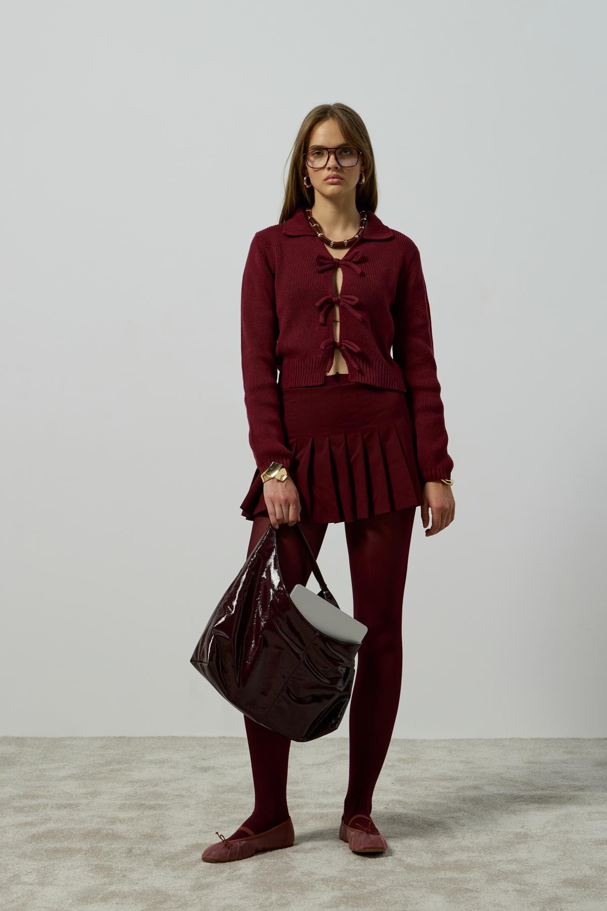 Lavinia Selanik Örme Fiyonklu Hırka - Bordo 