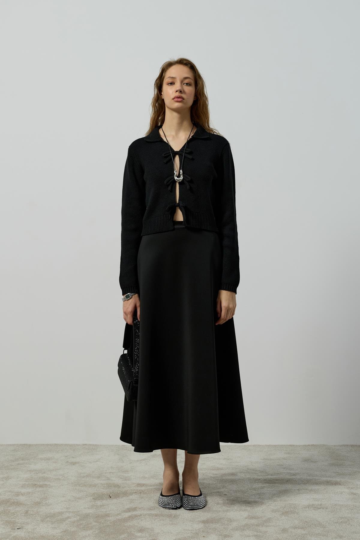 Lavinia Selanik Örme Fiyonklu Hırka - Siyah