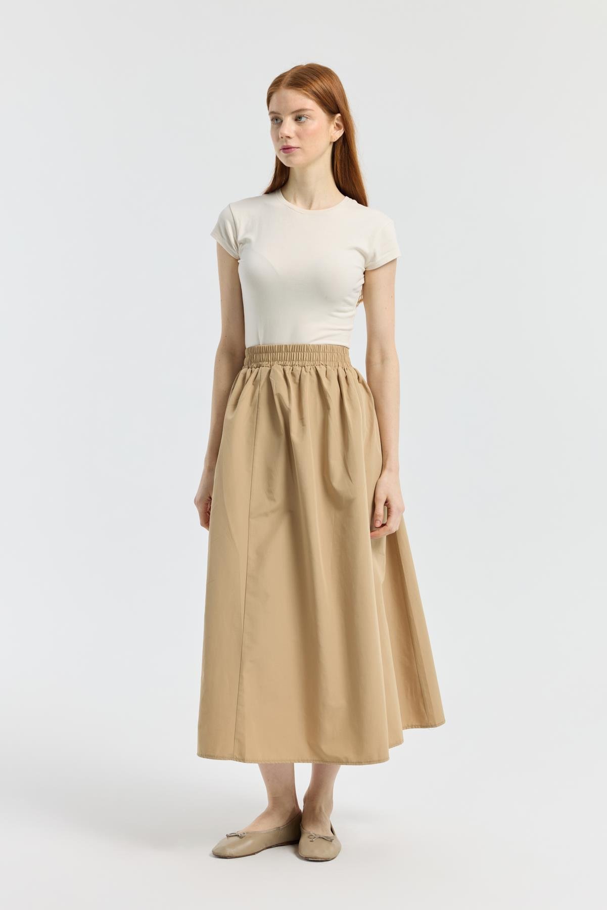 Layza Kloş Poplin Etek - Camel 