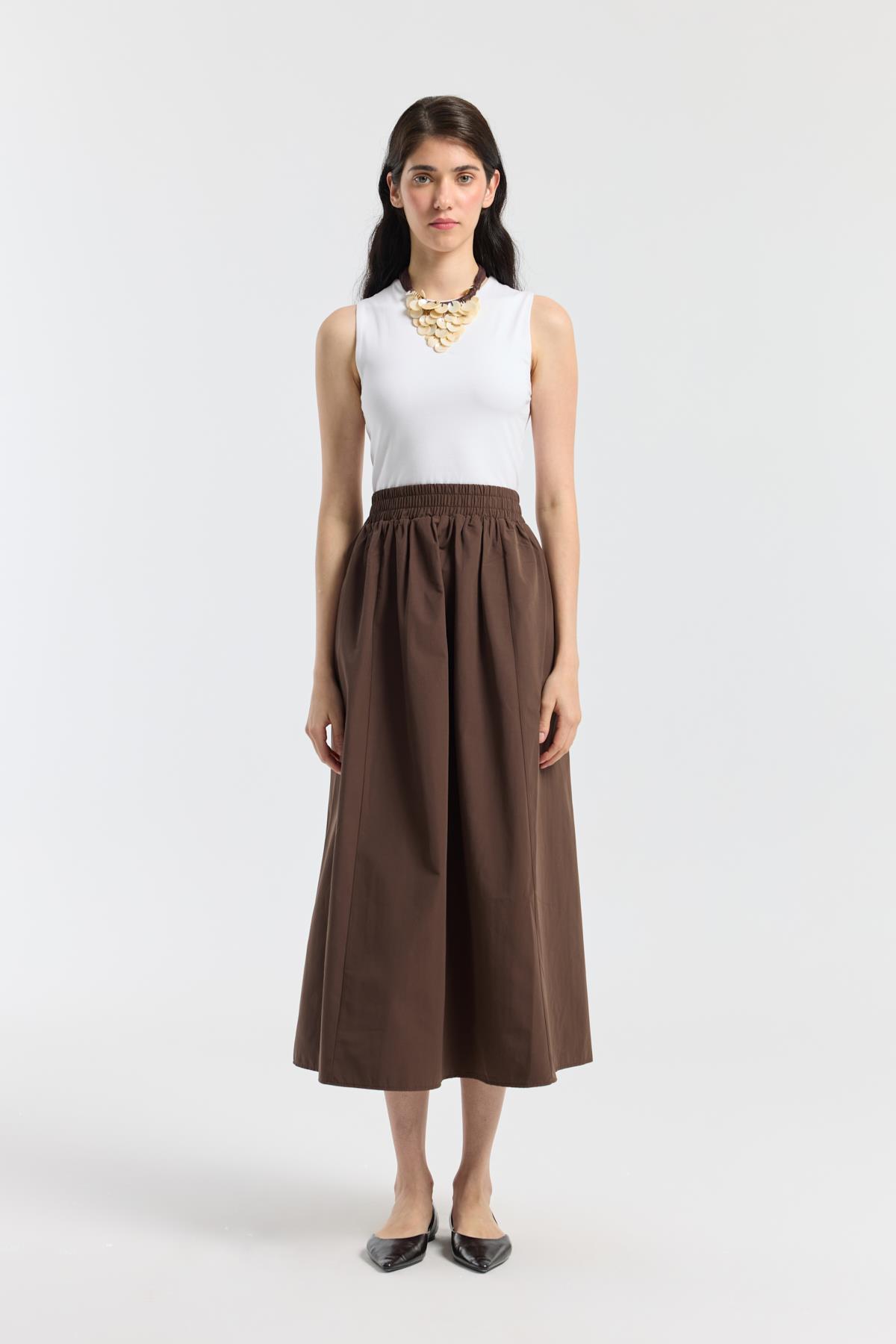 Layza Kloş Poplin Etek - Kahverengi