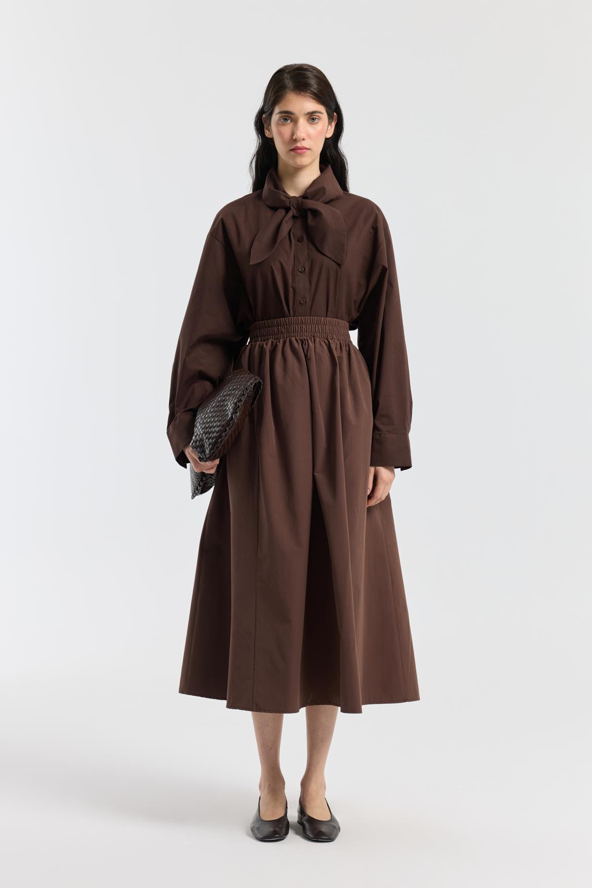 Layza Kloş Poplin Etek - Kahverengi