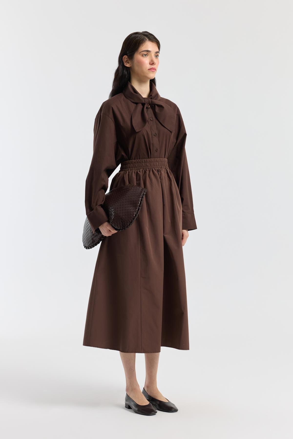 Layza Kloş Poplin Etek - Kahverengi