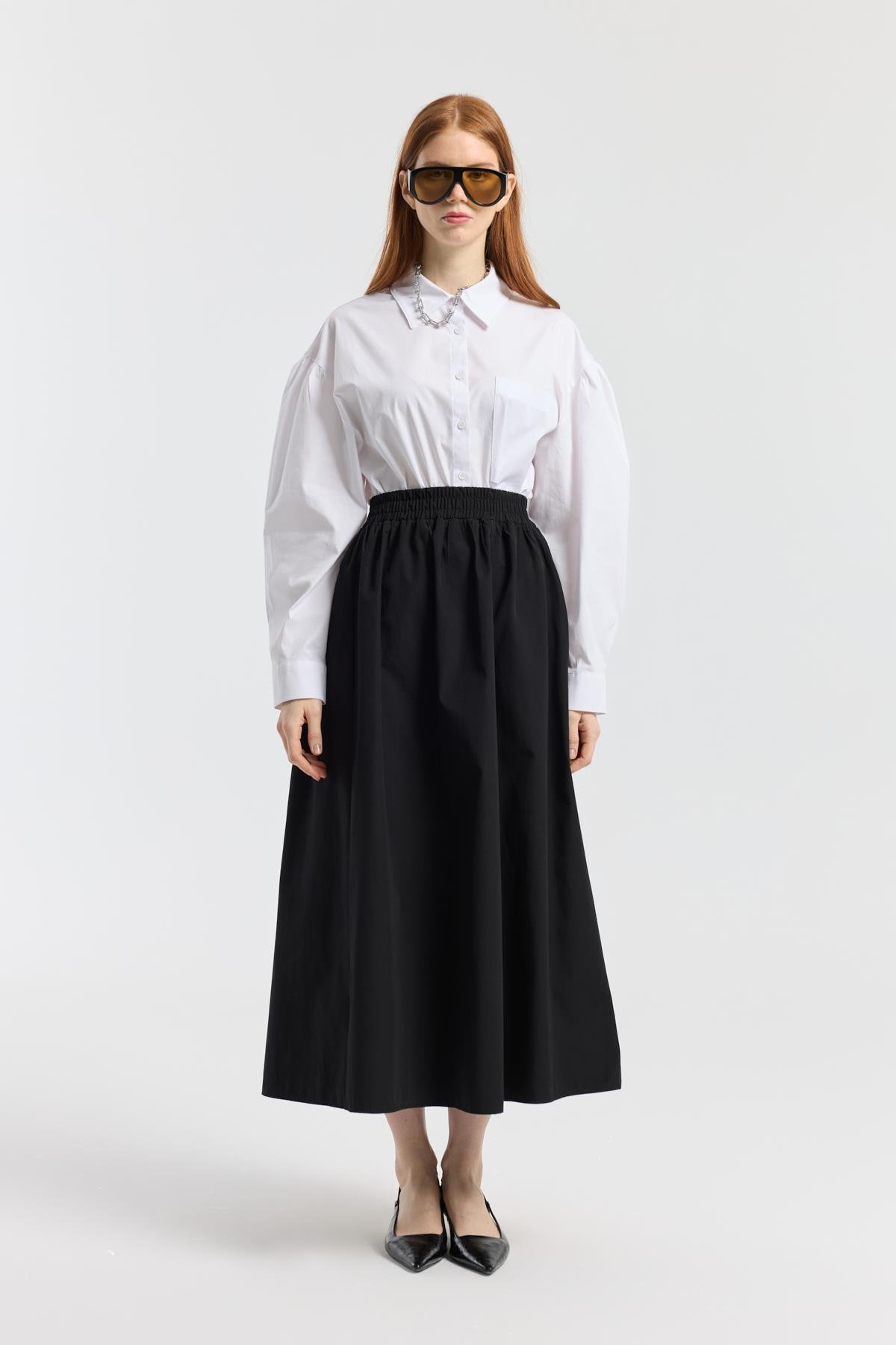 Layza Kloş Poplin Etek - Siyah