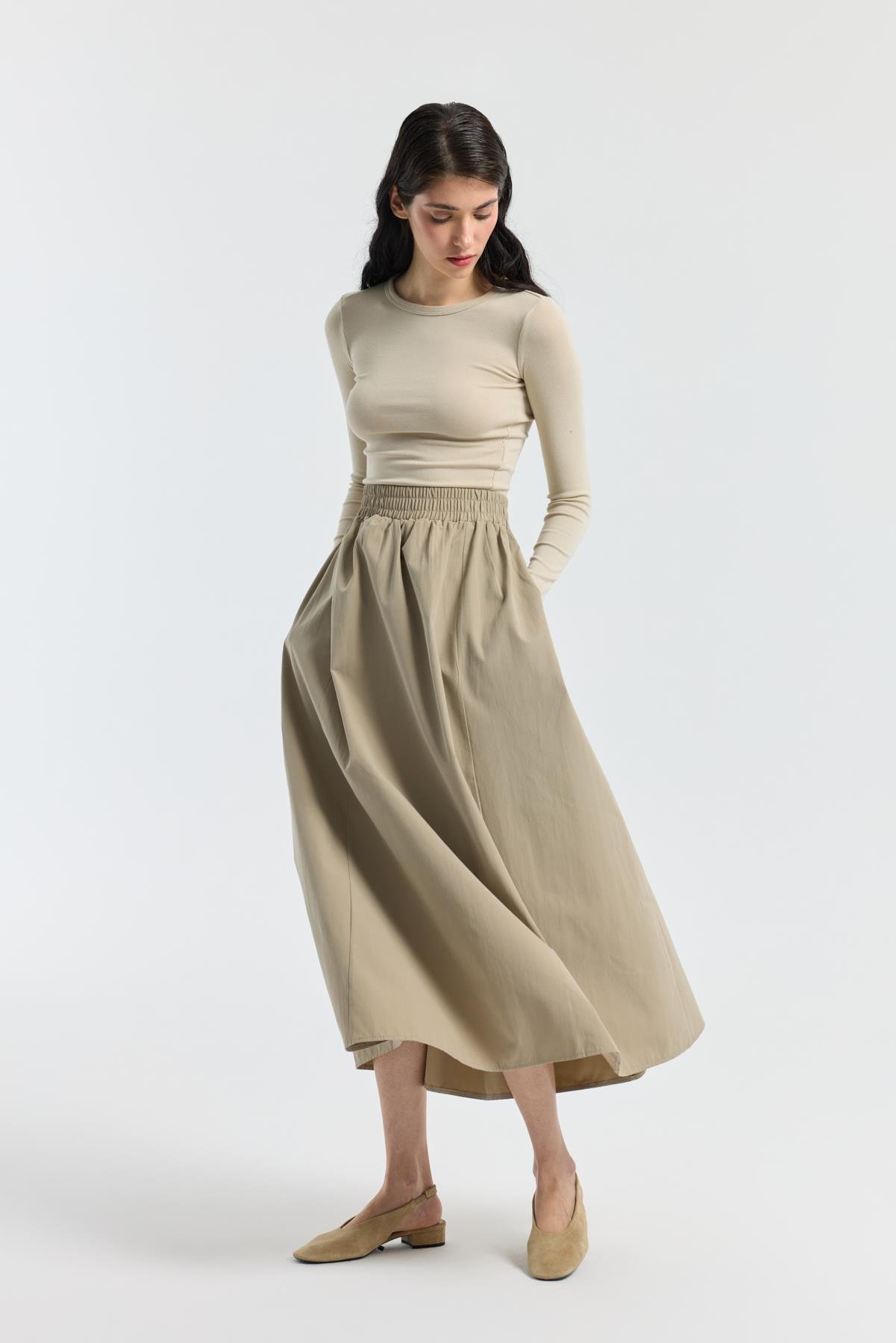 Layza Kloş Poplin Etek - Taş 
