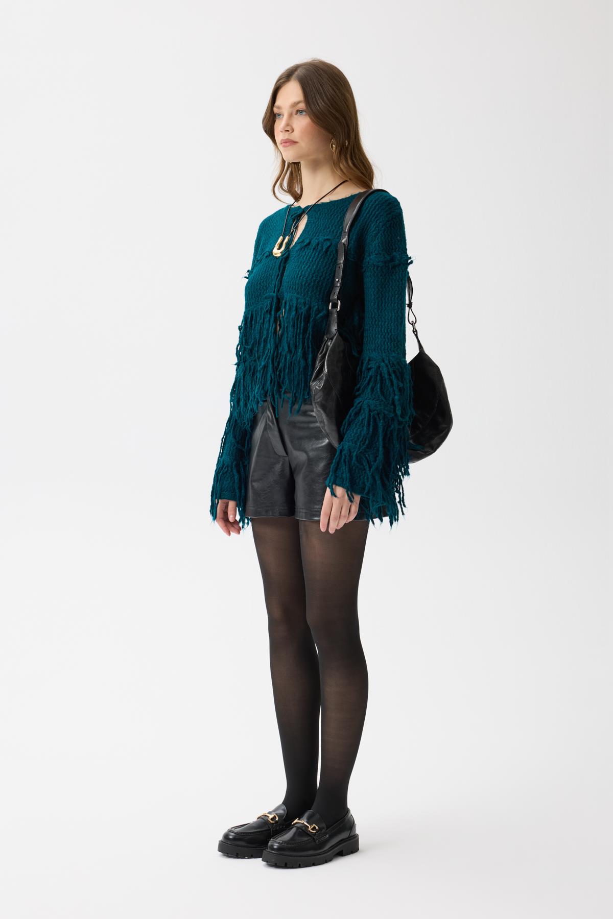 Lena Püsküllü Hırka - Petrol yeşil 