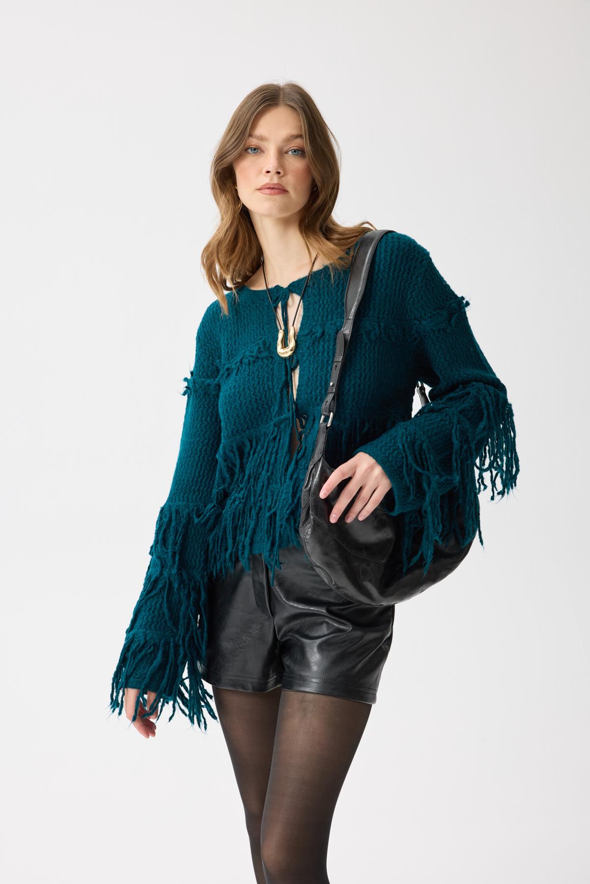 Lena Püsküllü Hırka - Petrol yeşil 