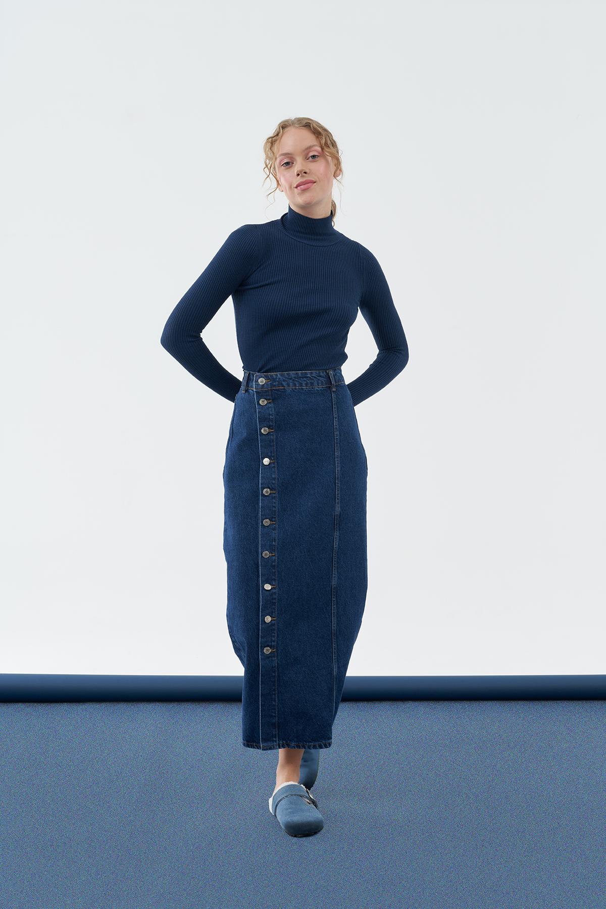 LİNE DÜĞME DETAYLI DENİM ETEK - KOYU MAVİ