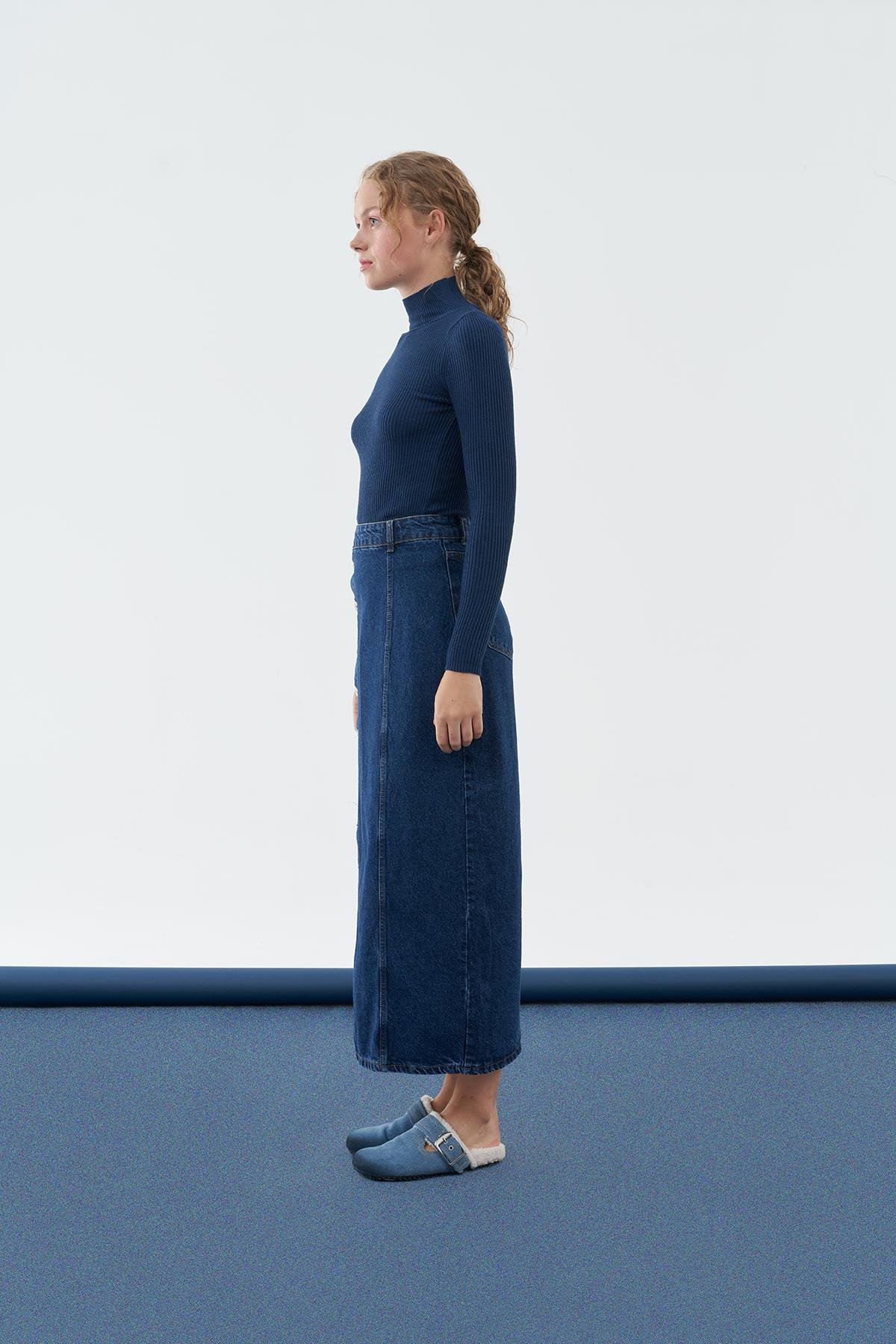 LİNE DÜĞME DETAYLI DENİM ETEK - KOYU MAVİ