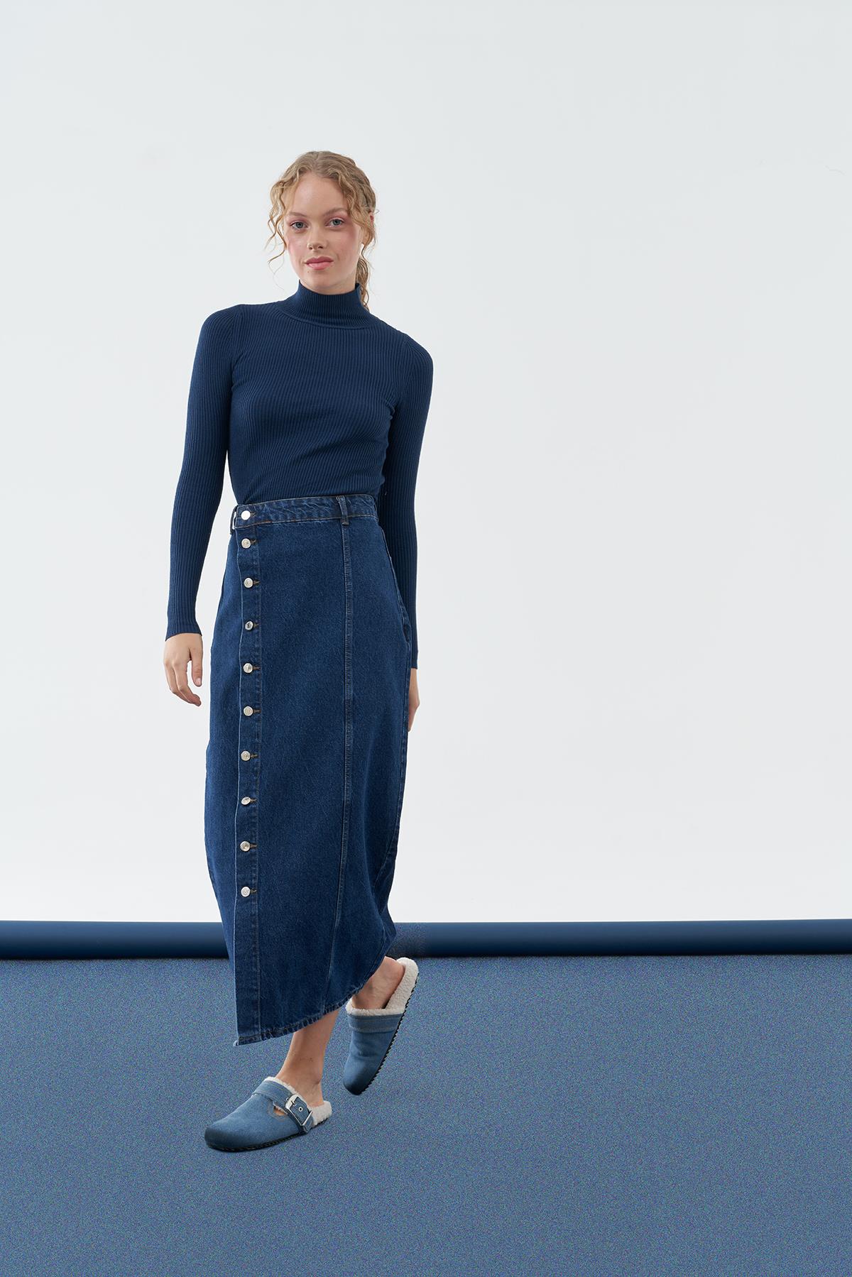 LİNE DÜĞME DETAYLI DENİM ETEK - KOYU MAVİ