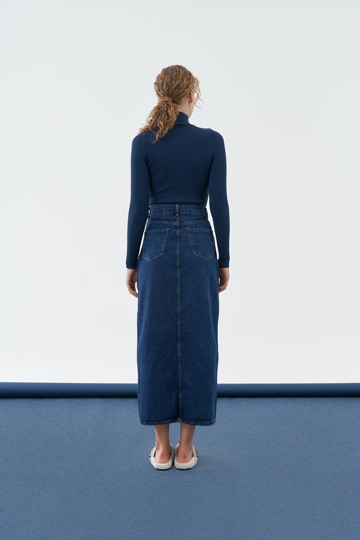 LİNE DÜĞME DETAYLI DENİM ETEK - KOYU MAVİ