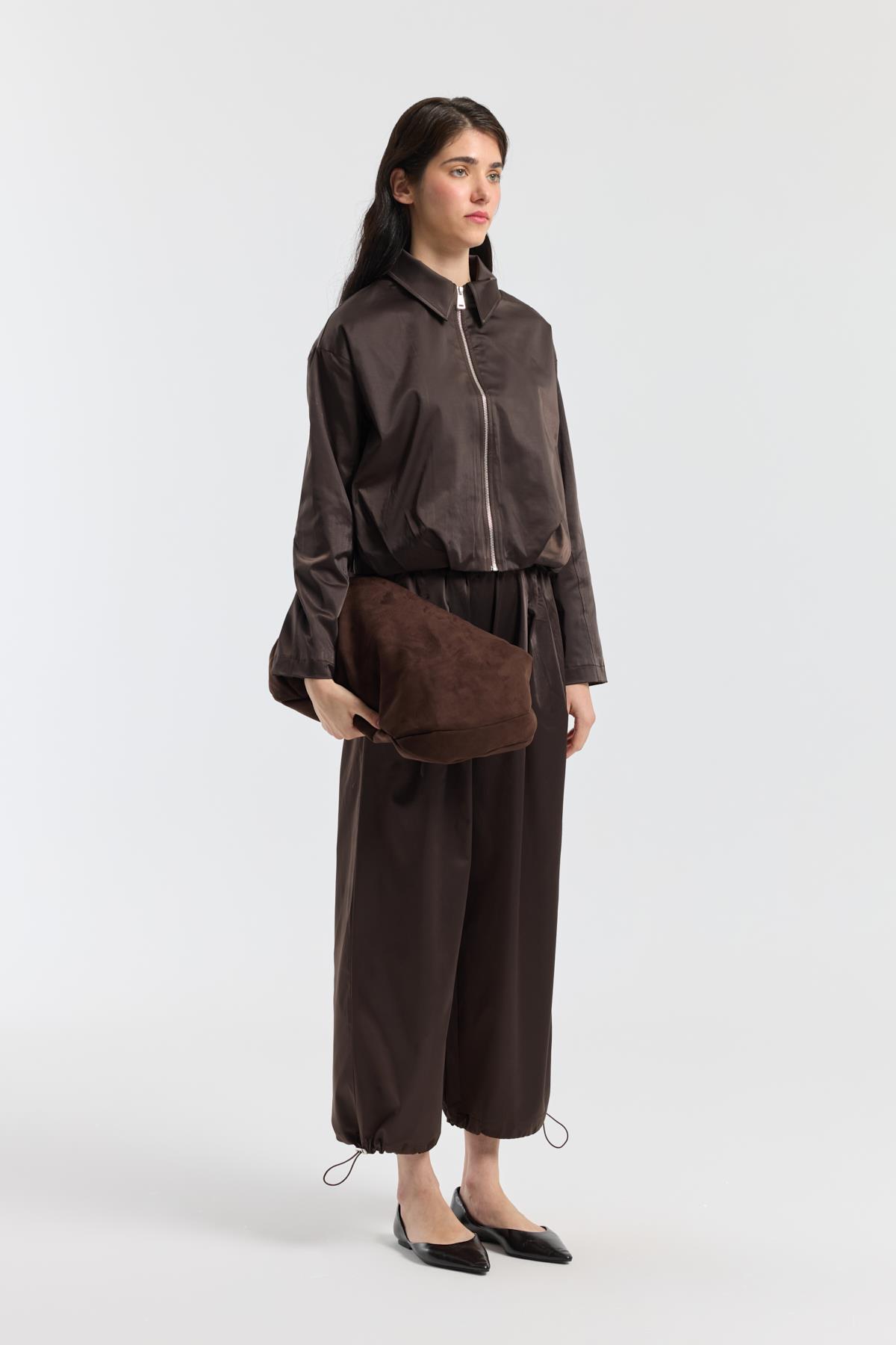 Maria Pileli Saten Bomber Ceket - Acı kahve