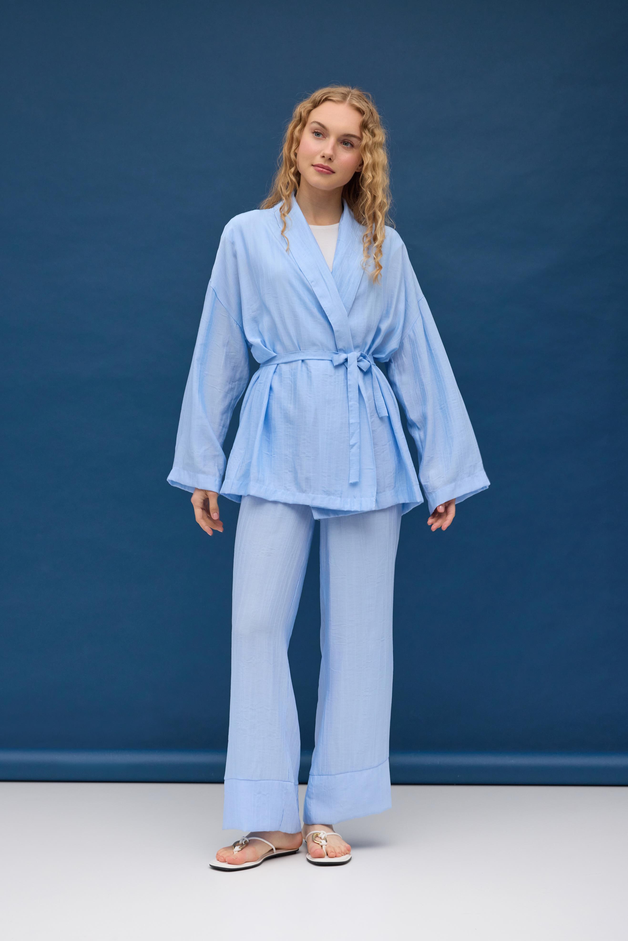 Matilda Kuşaklı Kimono Takım - Bebe mavi