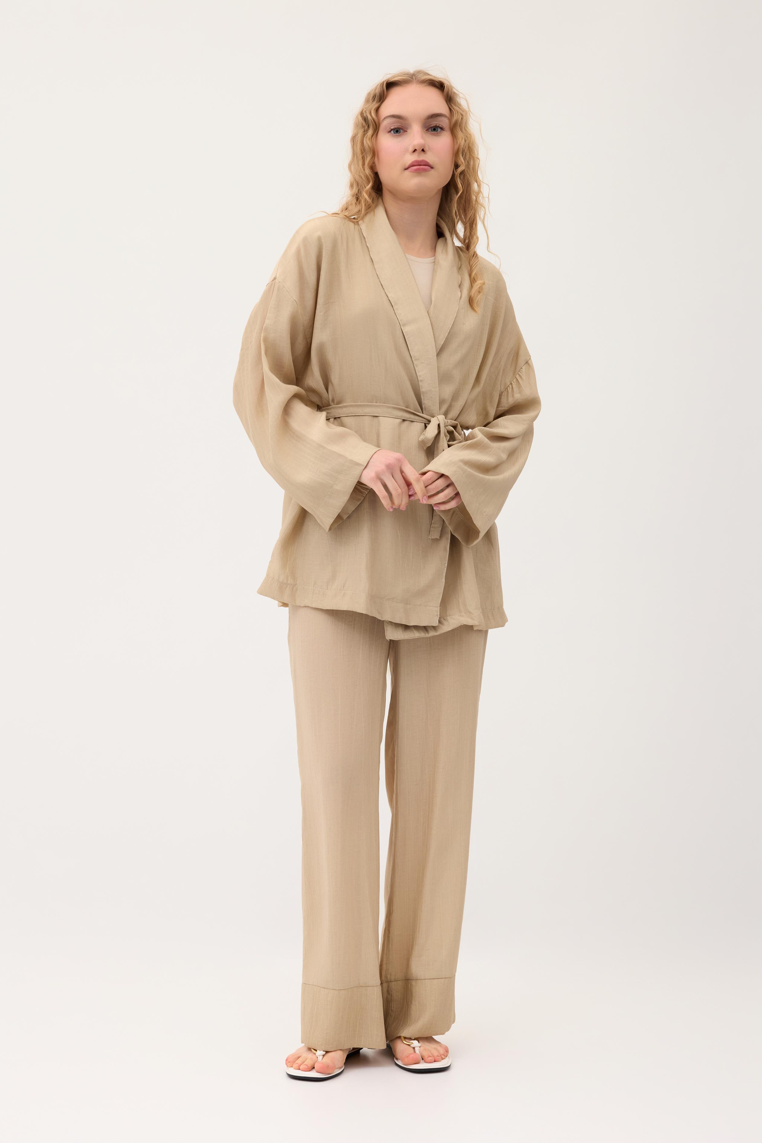 Matilda Kuşaklı Kimono Takım- Vizon