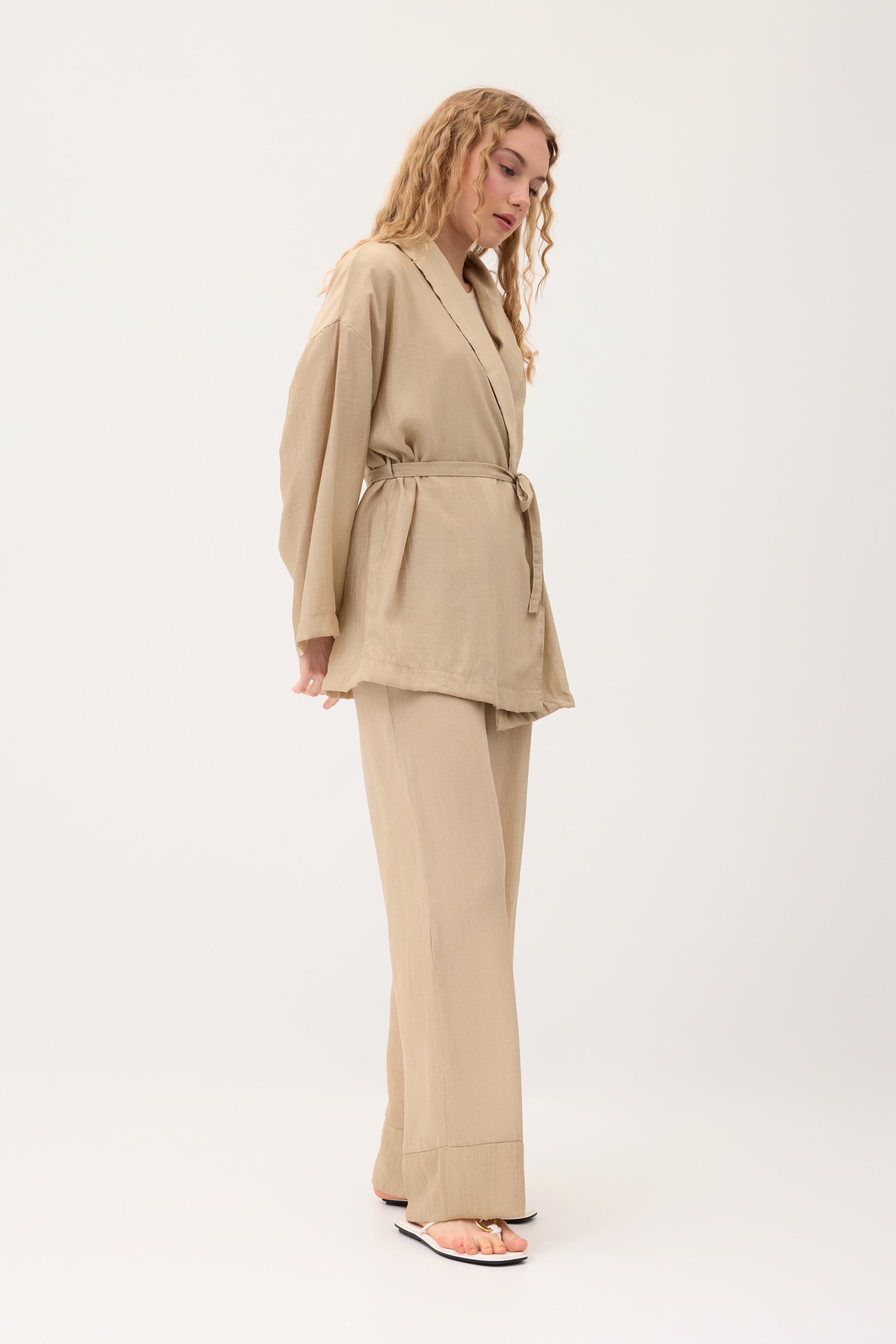 Matilda Kuşaklı Kimono Takım- Vizon