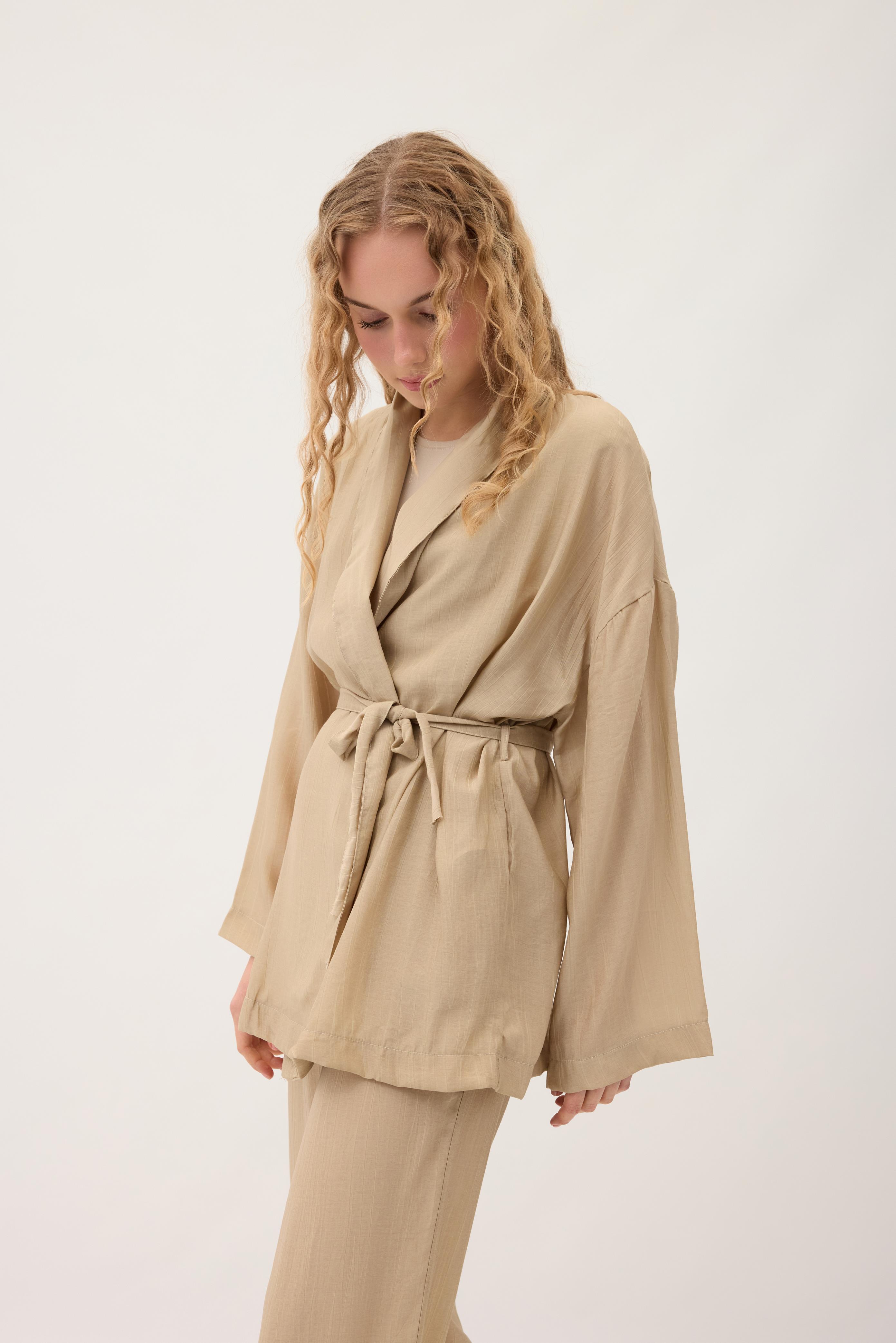 Matilda Kuşaklı Kimono Takım- Vizon