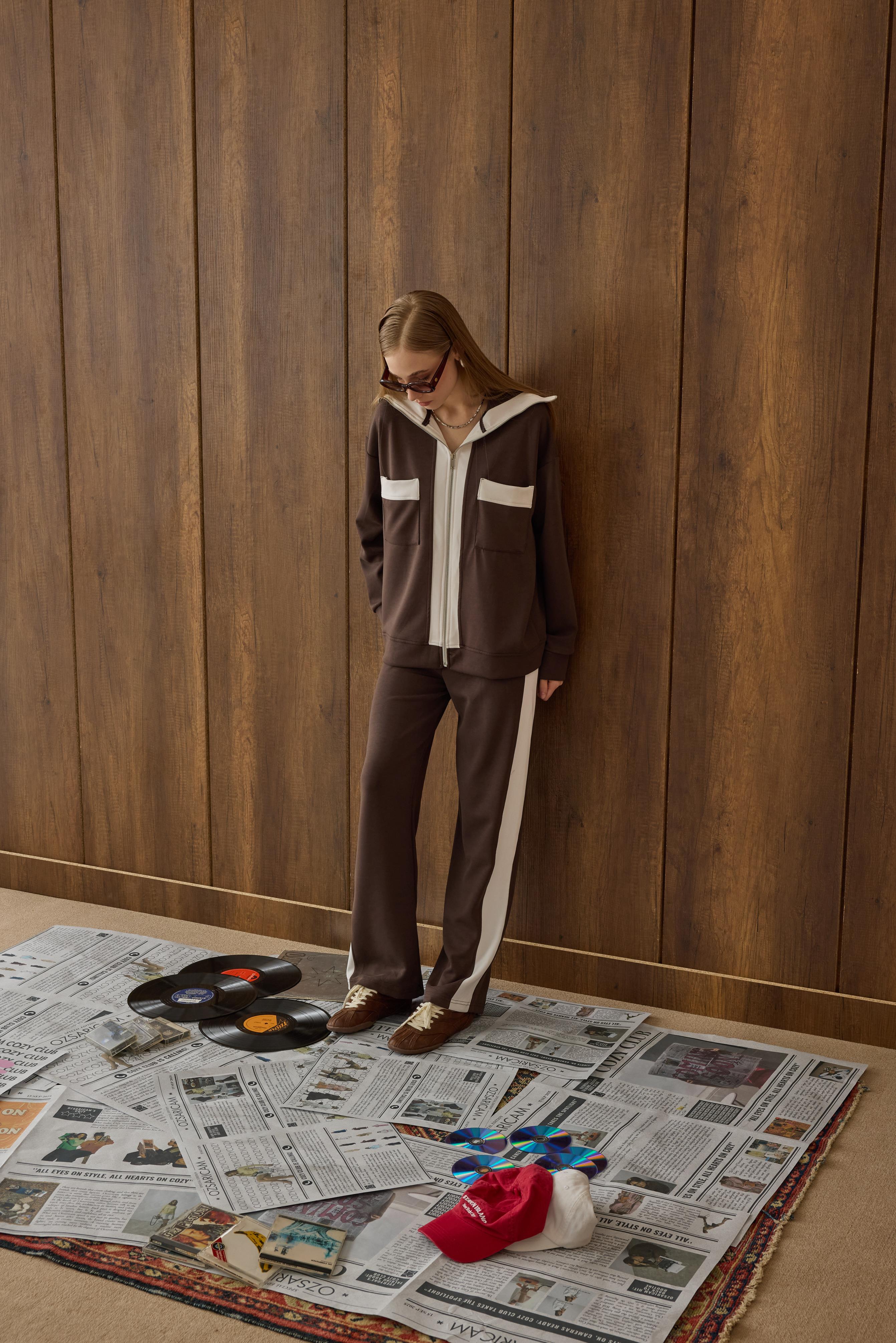 Mattea Yakalı Garnili Modal Takım - Kahverengi 