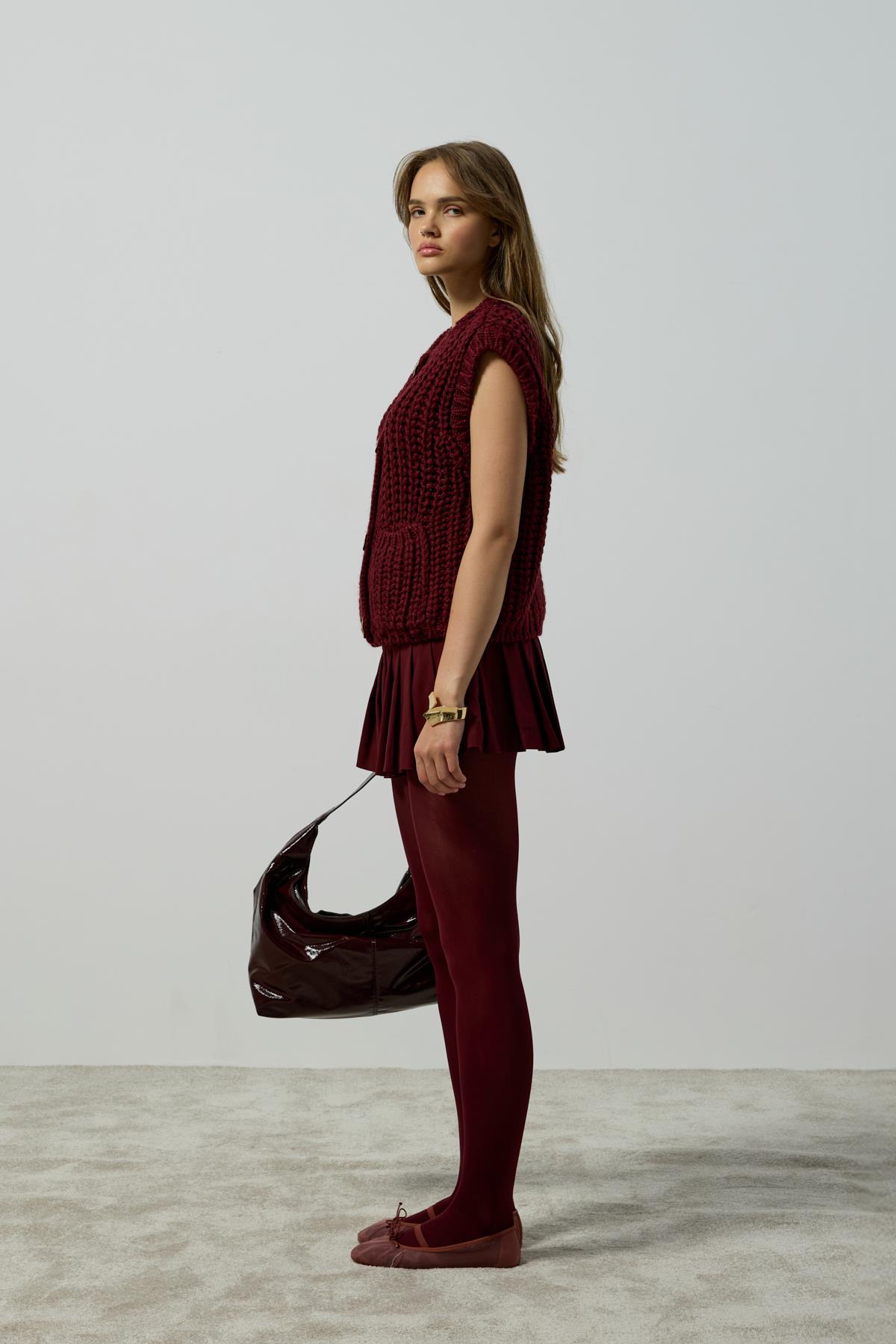 Maya Kalın Örgü Düğmeli Süveter - Bordo