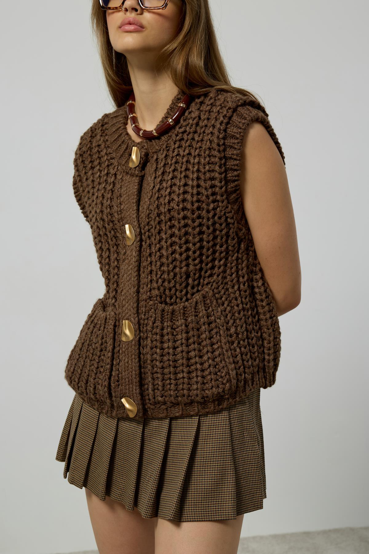 Maya Kalın Örgü Düğmeli Süveter - Kahverengi 