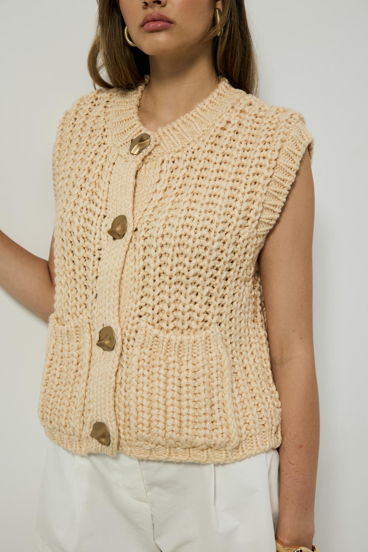 Maya Kalın Örgü Düğmeli Süveter - Krem