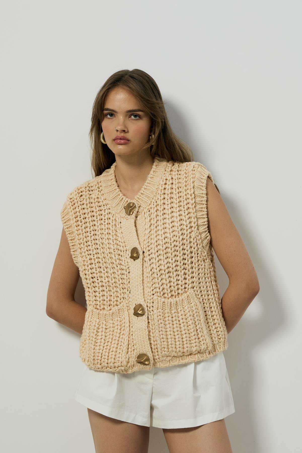 Maya Kalın Örgü Düğmeli Süveter - Krem