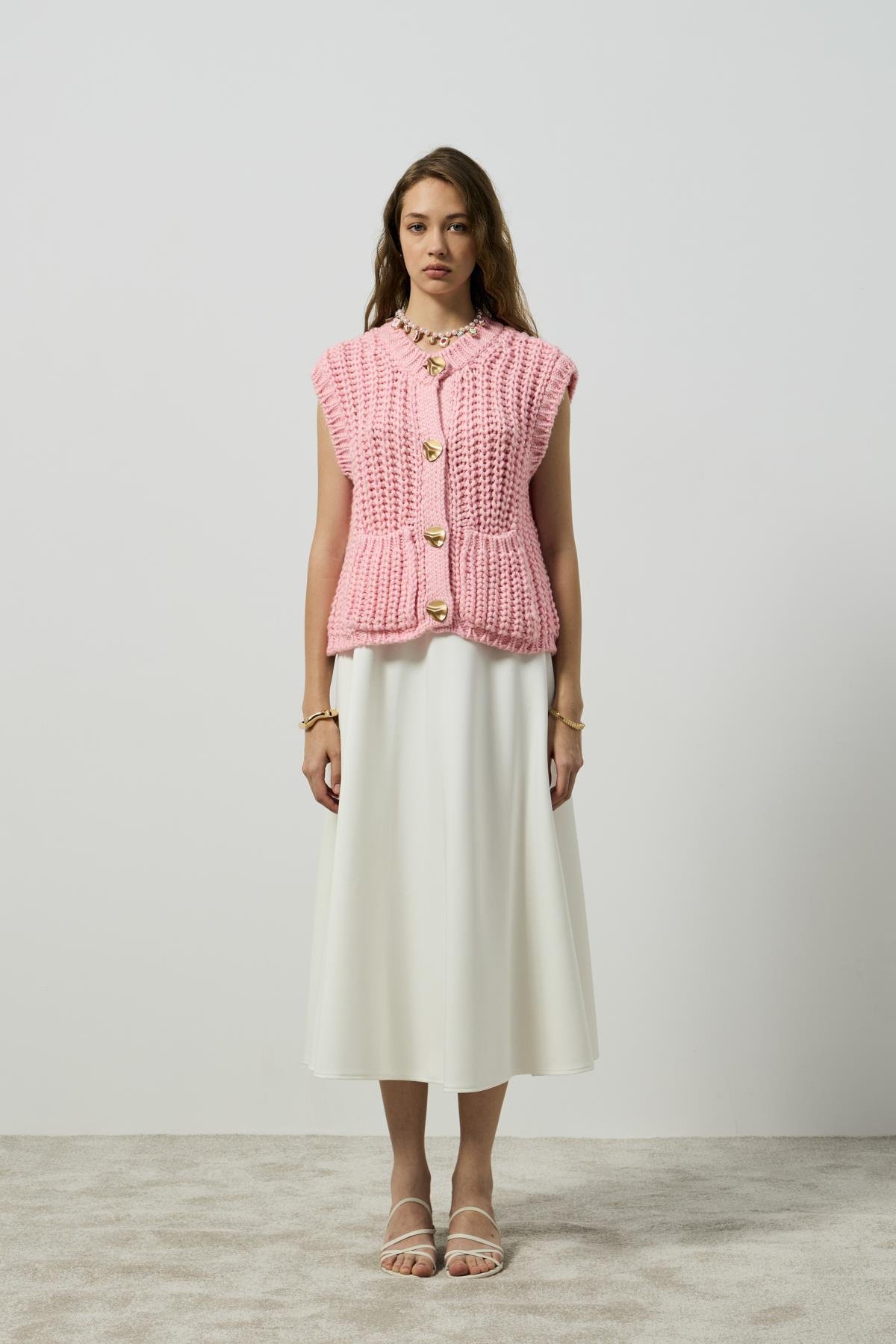 Maya Kalın Örgü Düğmeli Süveter - Pembe