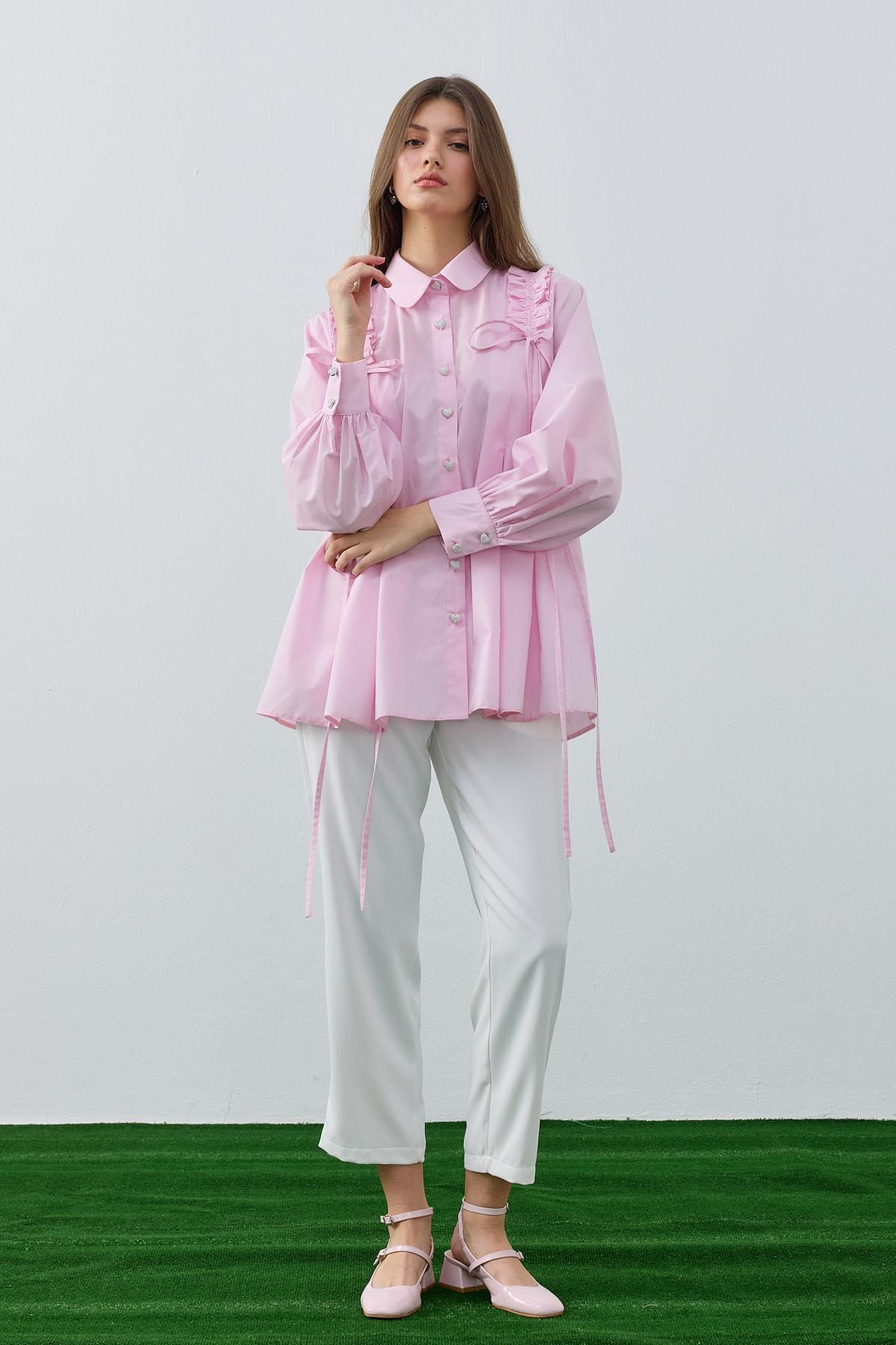 Melaina Pileli Fırfırlı Gömlek - Pembe