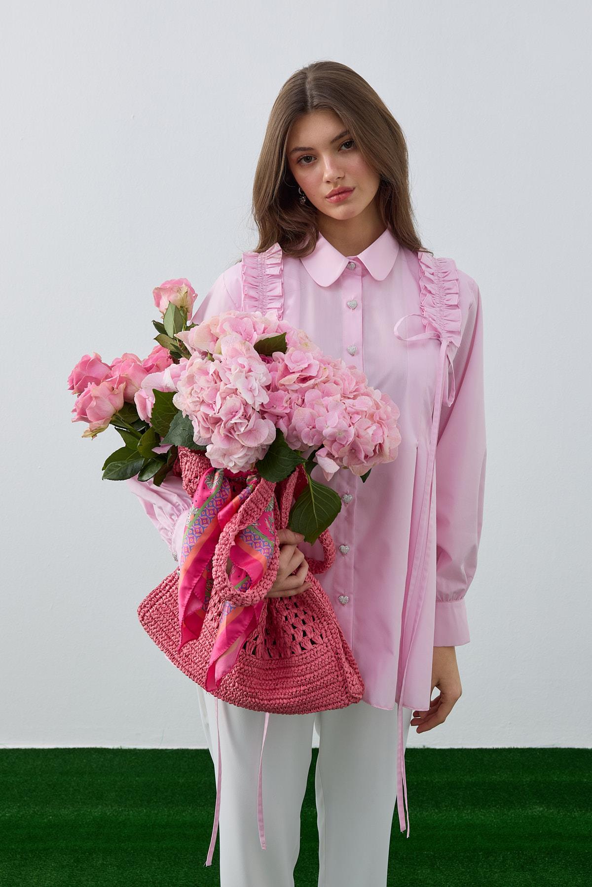 Melaina Pileli Fırfırlı Gömlek - Pembe