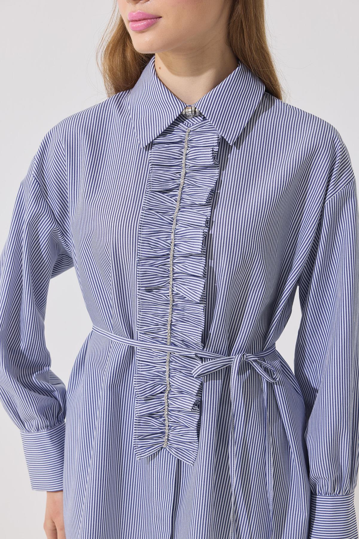 Millie Taş İşlemeli Biye Kemerli Gömlek - Lacivert 