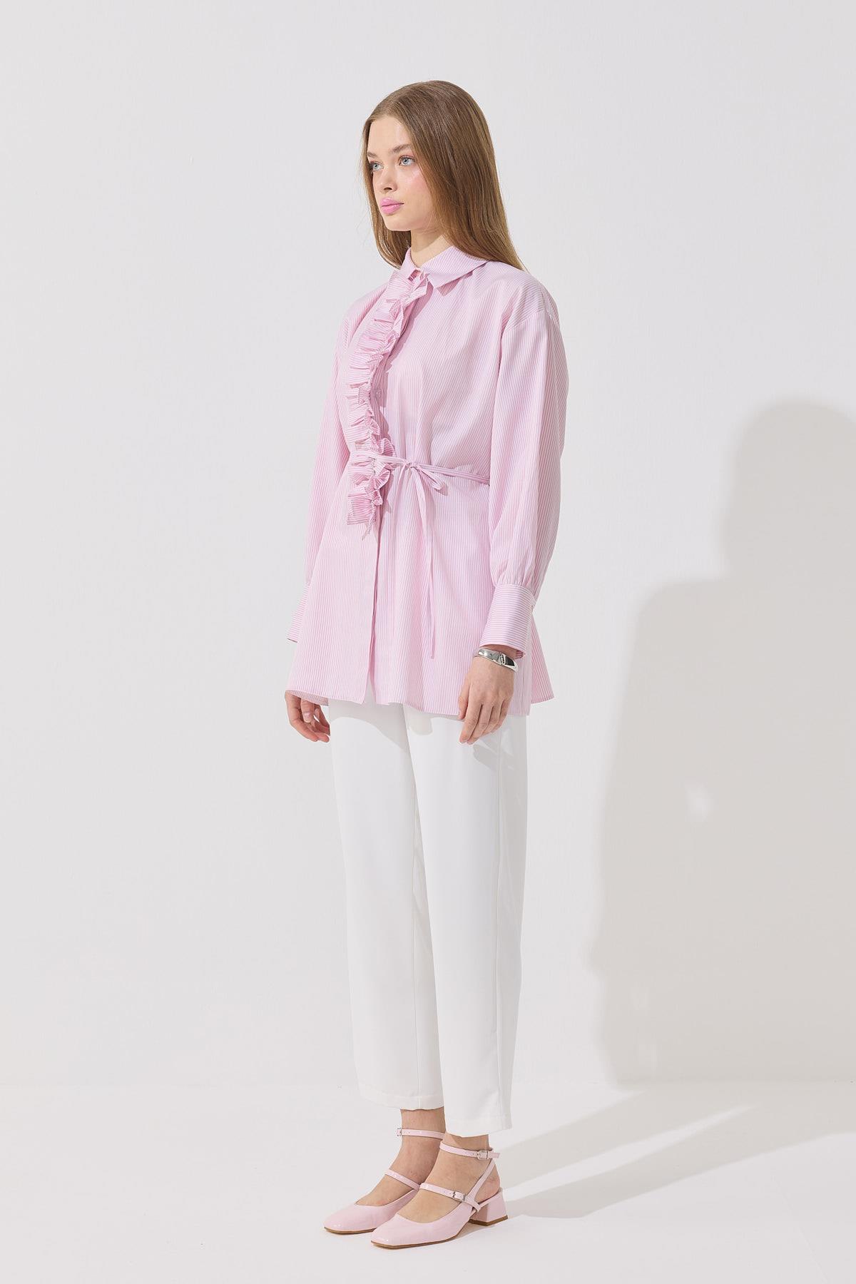 Millie Taş İşlemeli Biye Kemerli Gömlek - Pembe 