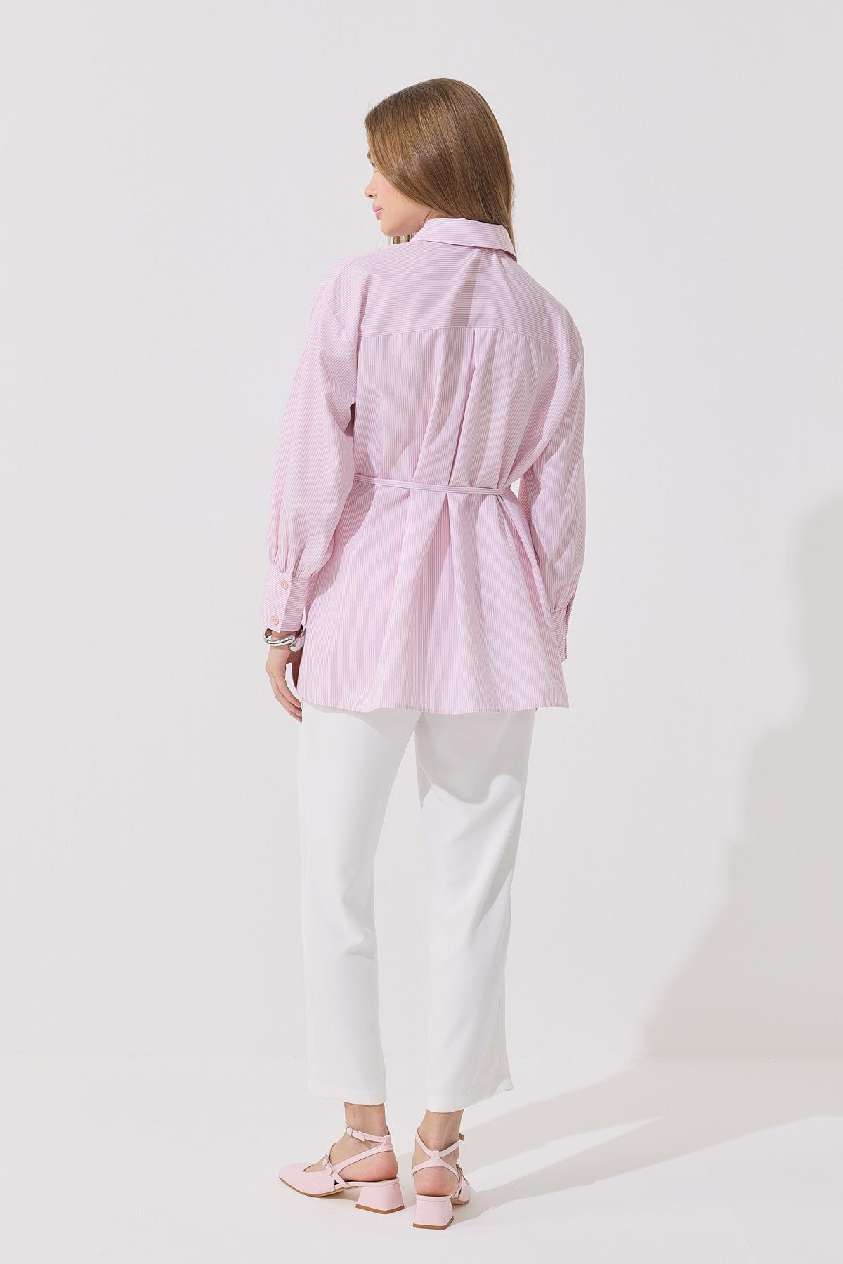 Millie Taş İşlemeli Biye Kemerli Gömlek - Pembe 