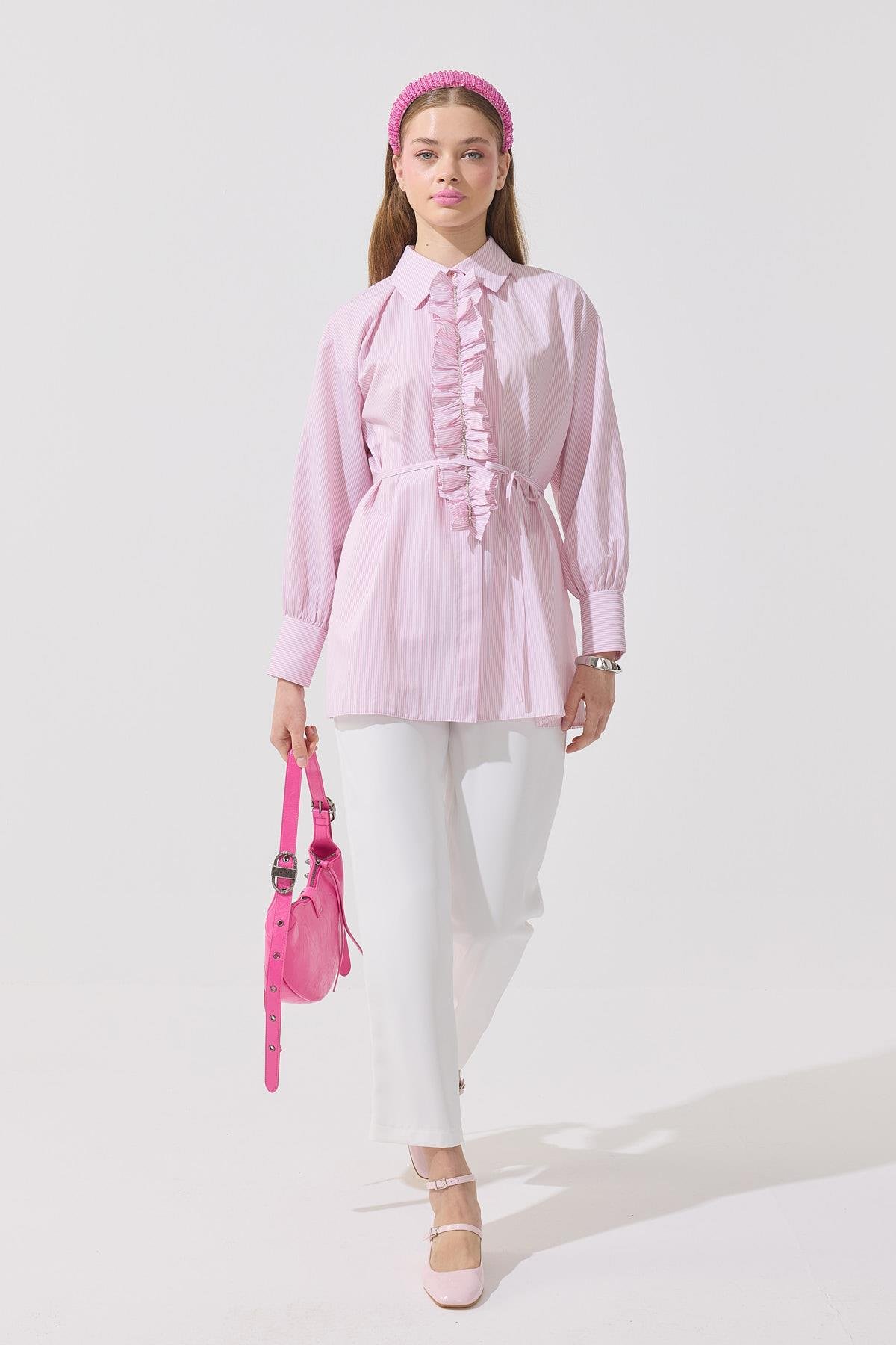 Millie Taş İşlemeli Biye Kemerli Gömlek - Pembe 