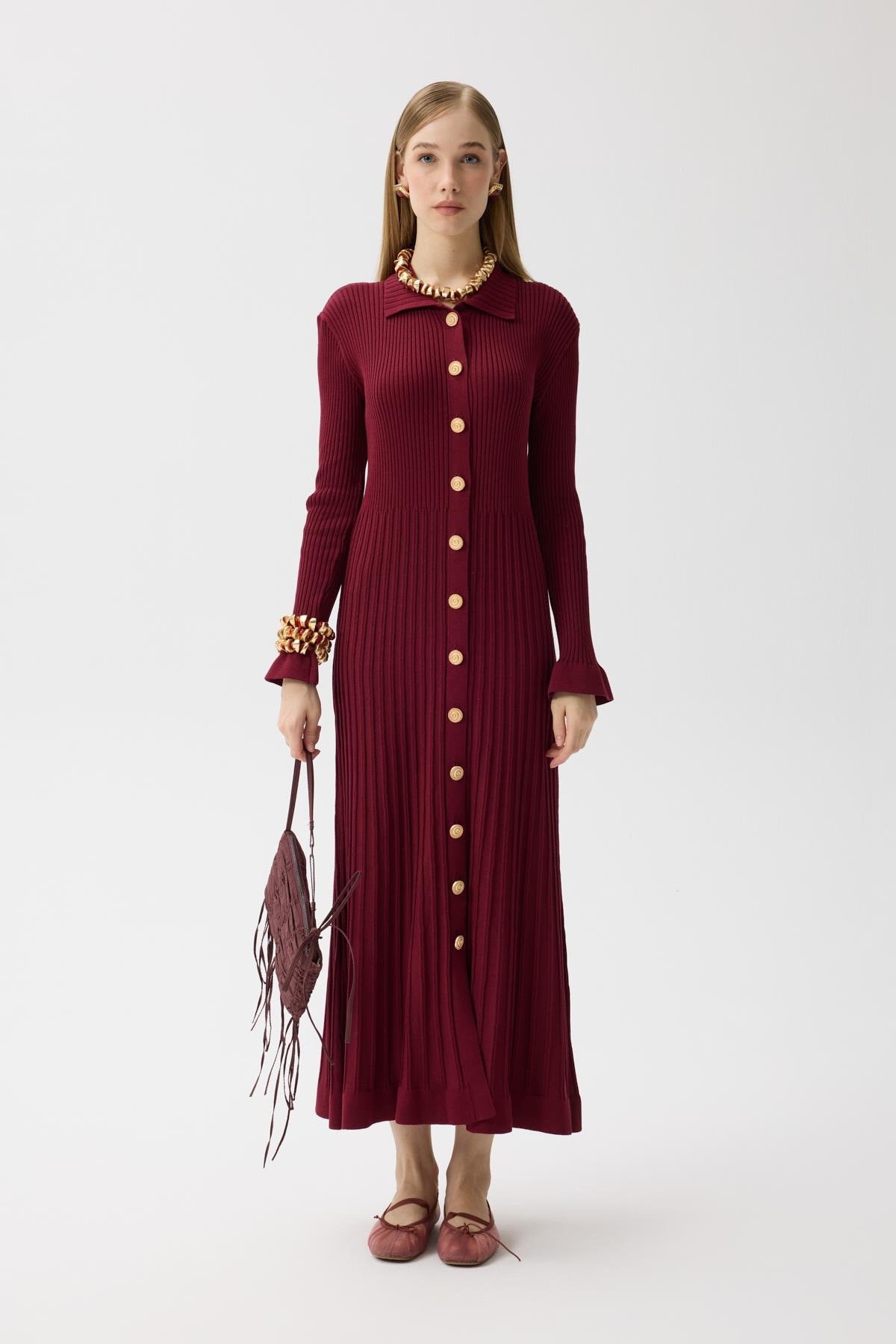 Morgana Buklet Dokulu Hırka - Bordo 