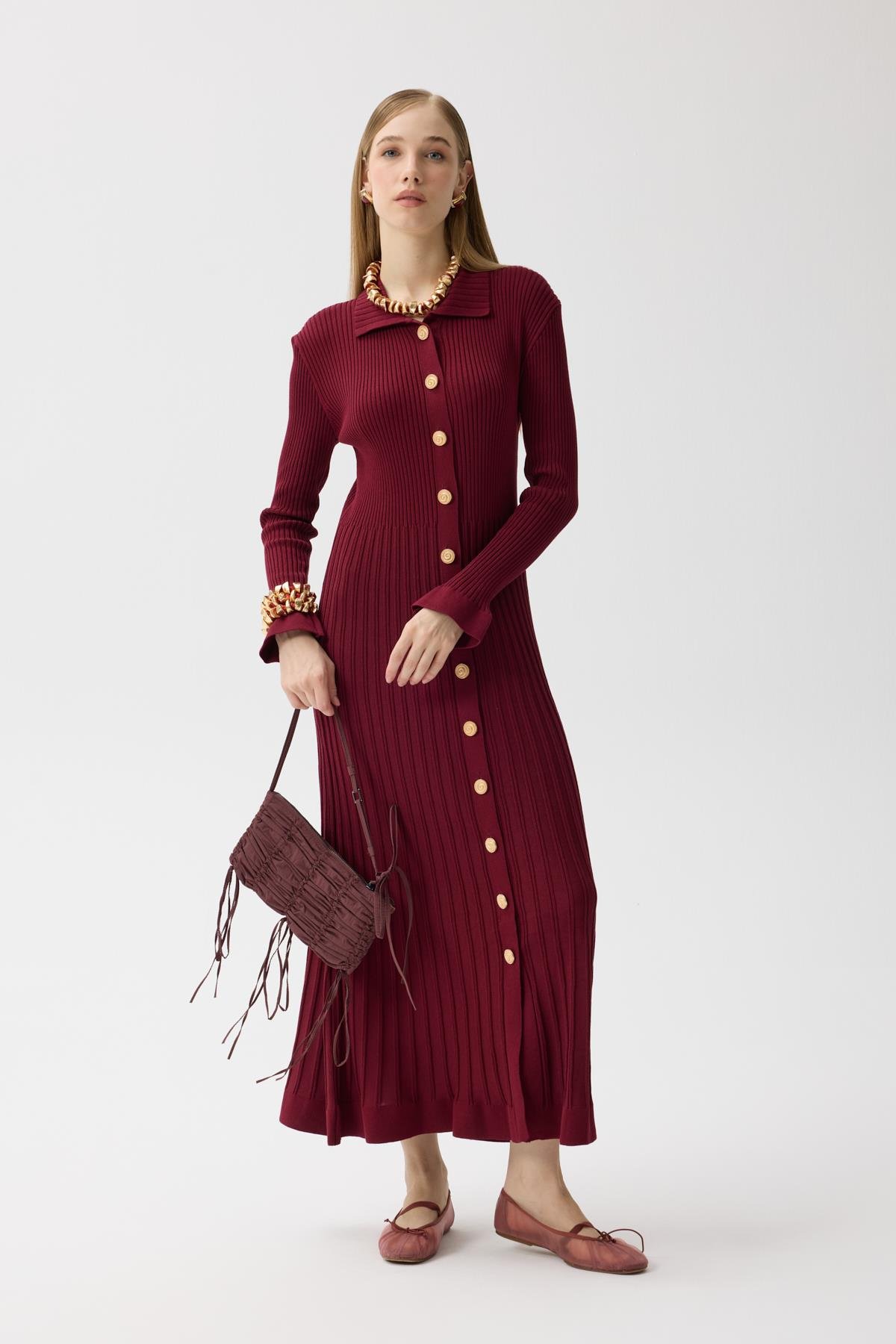 Morgana Buklet Dokulu Hırka - Bordo 