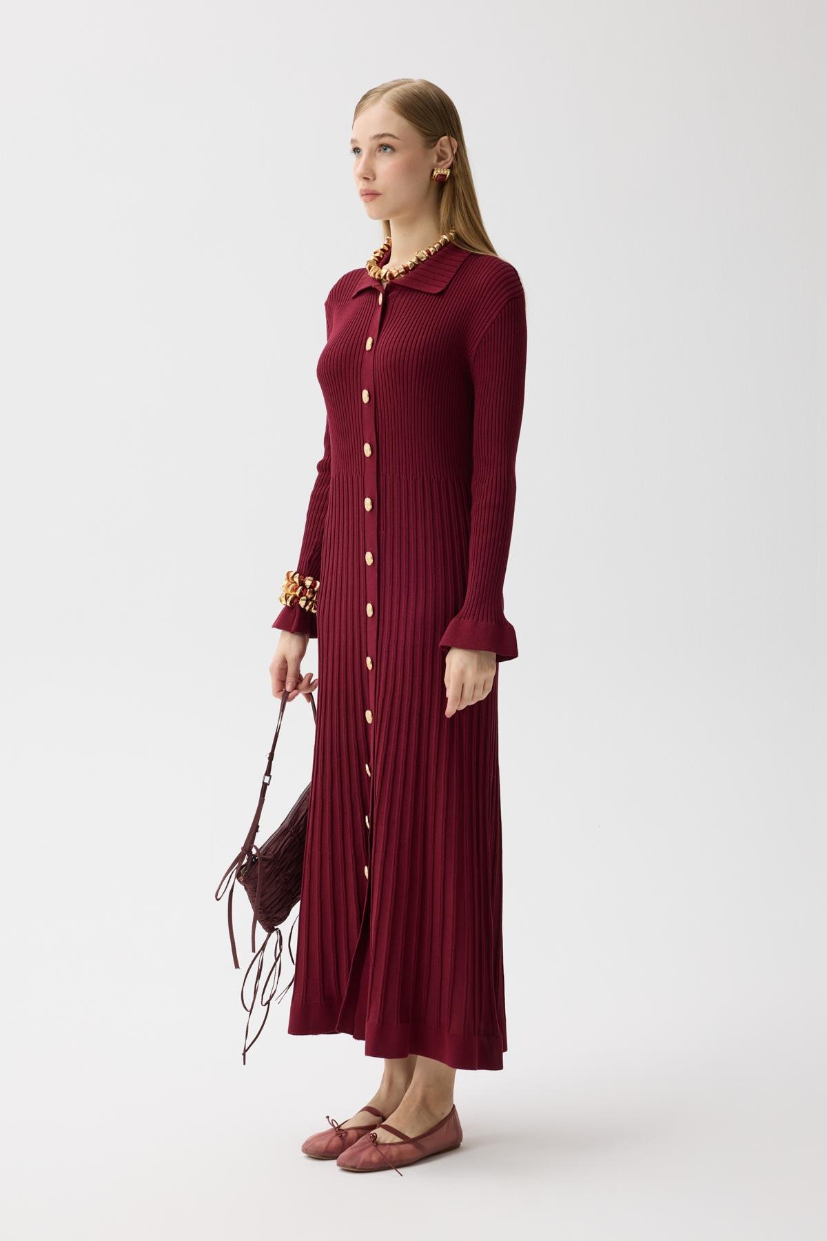 Morgana Buklet Dokulu Hırka - Bordo 