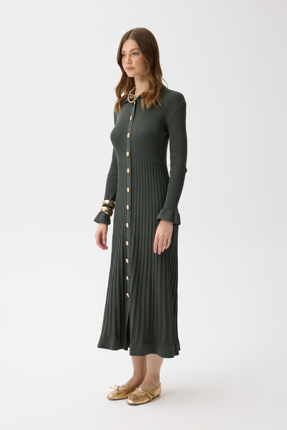 Mona Fitilli Gold Düğmeli Elbise  - Haki 