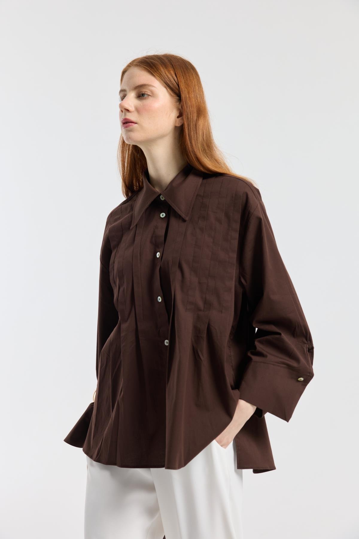 Nervürlü Geniş Manşetli Poplin Gömlek - Acı kahve