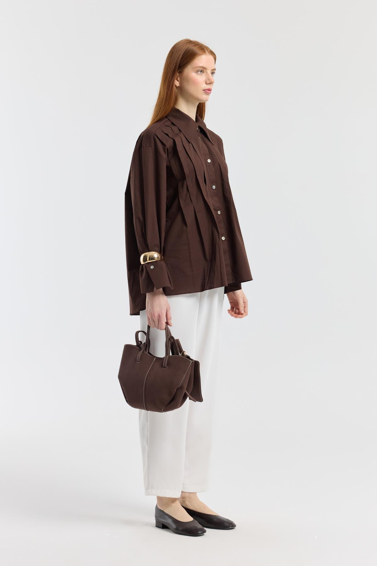Nervürlü Geniş Manşetli Poplin Gömlek - Acı kahve
