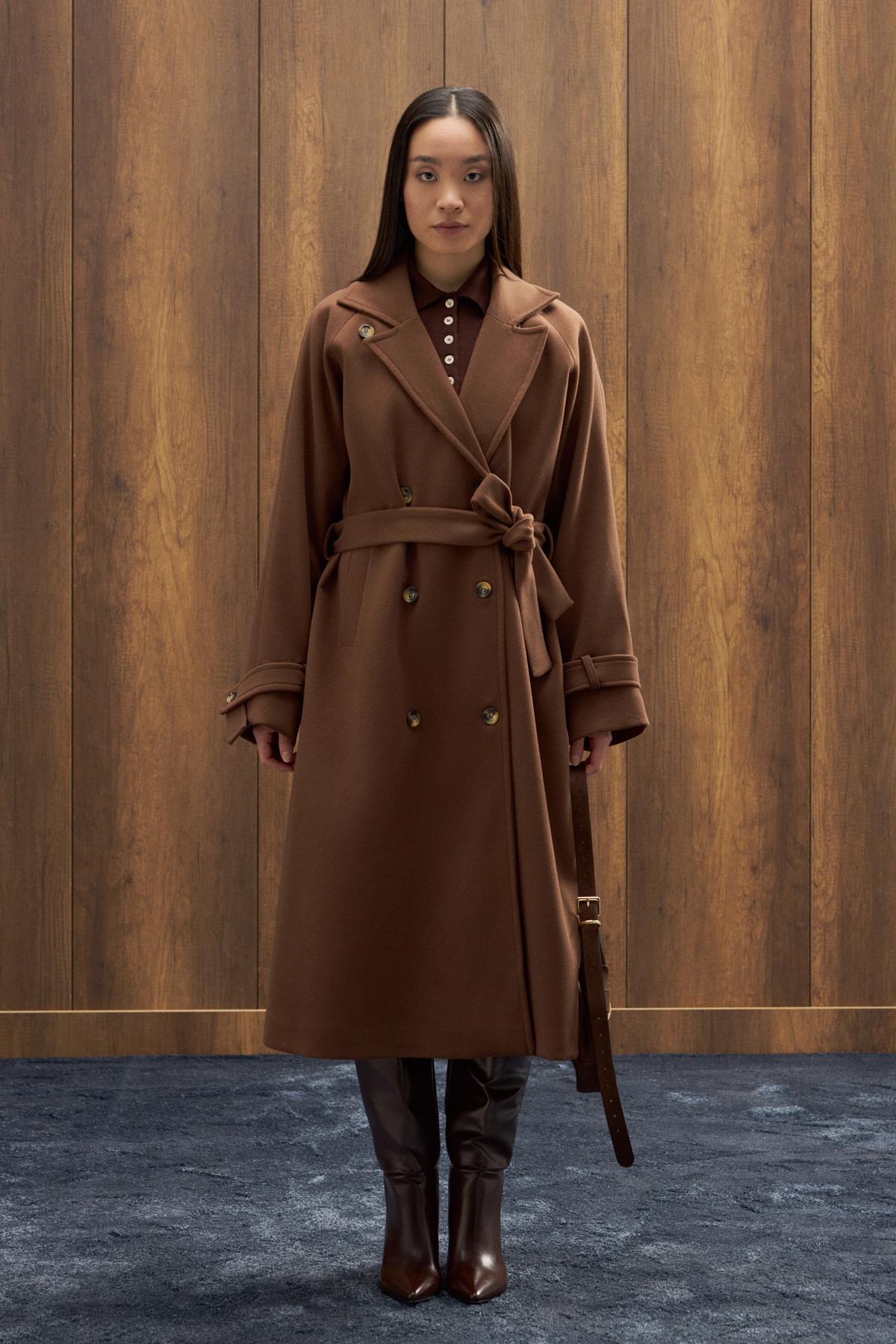 Nile Kuşaklı Kruvaze Kaşe Kaban - Kahverengi