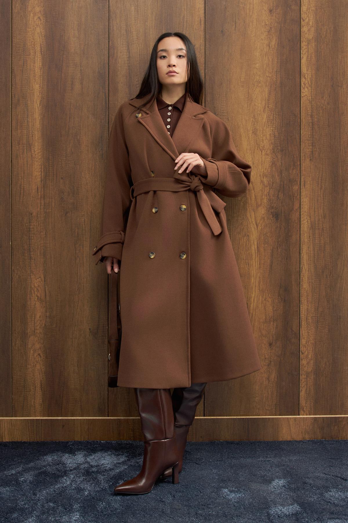 Nile Kuşaklı Kruvaze Kaşe Kaban - Kahverengi