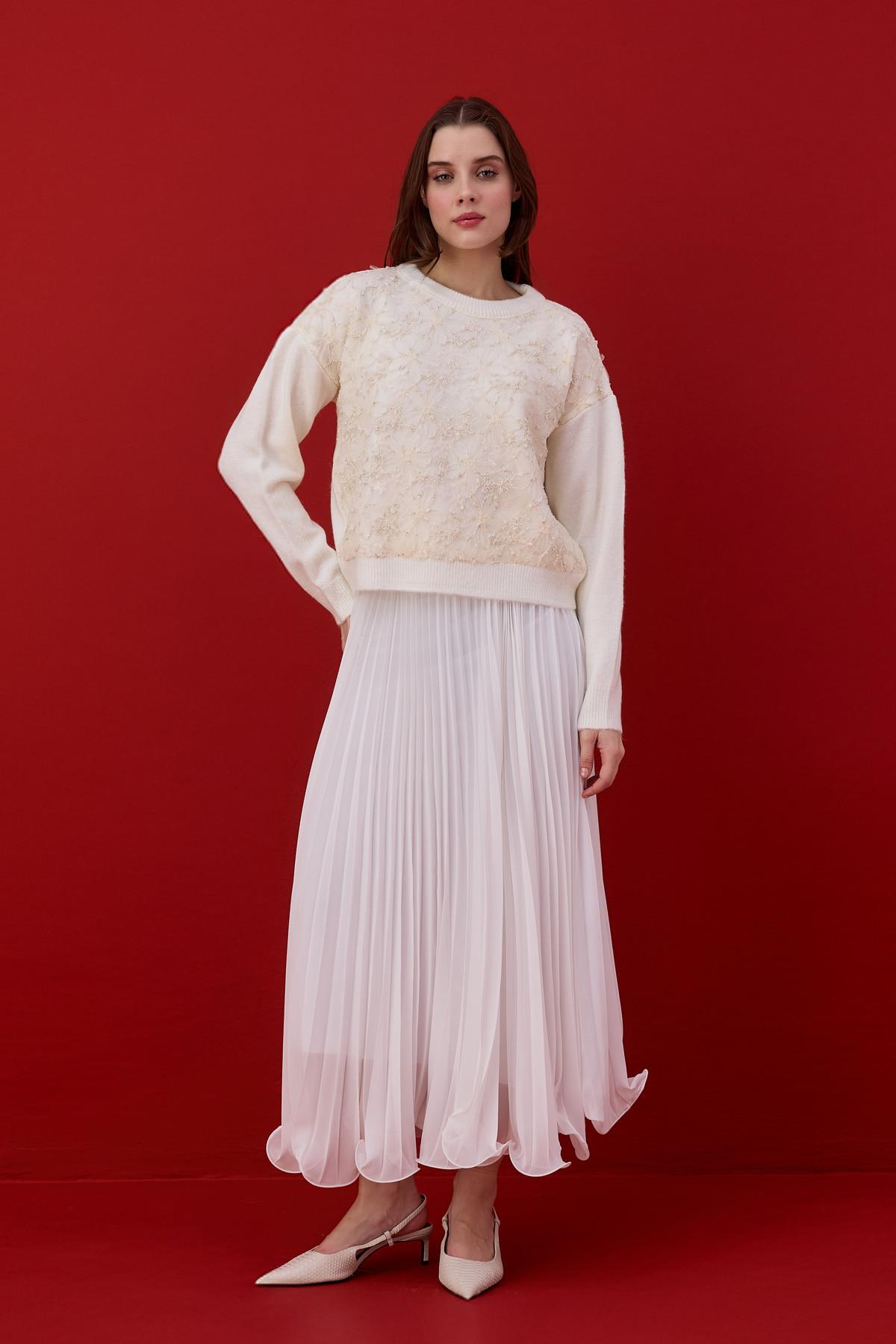 Octavia Tül İşlemeli Kazak - Ekru 