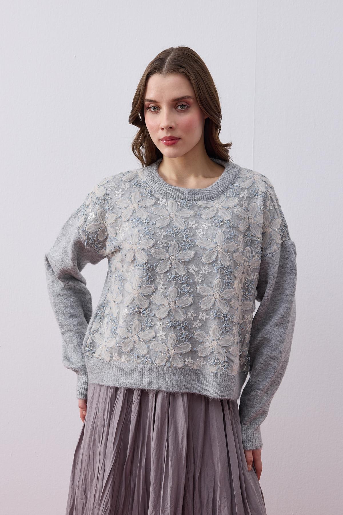 Octavia Tül İşlemeli Kazak - Gri 