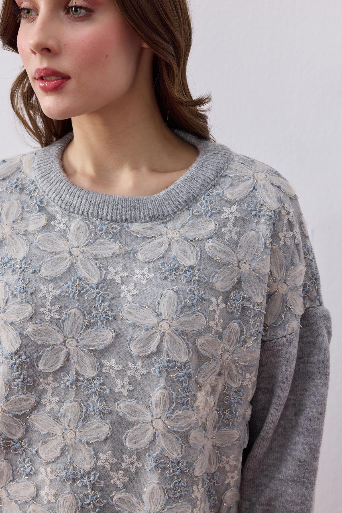 Octavia Tül İşlemeli Kazak - Gri 