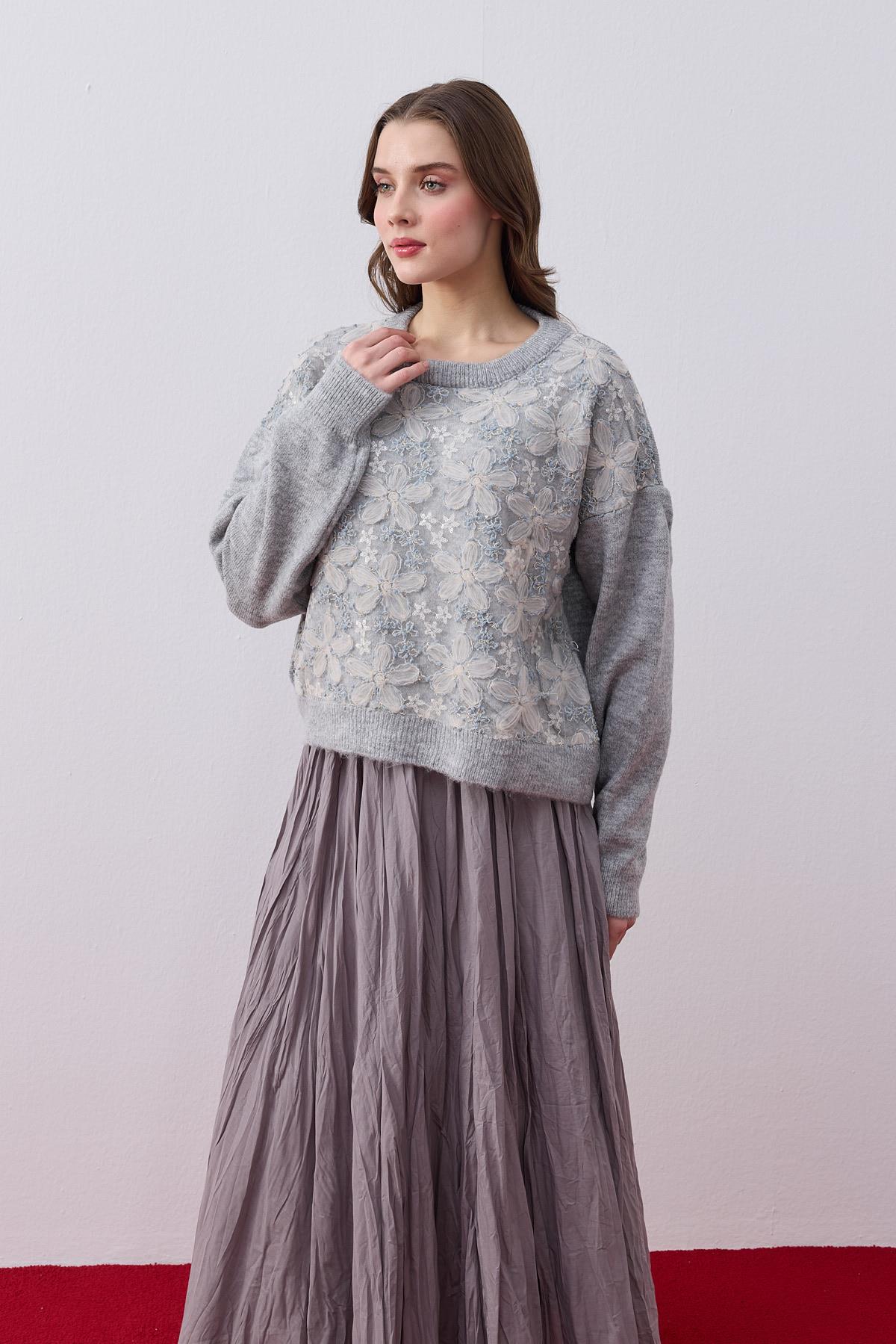 Octavia Tül İşlemeli Kazak - Gri 