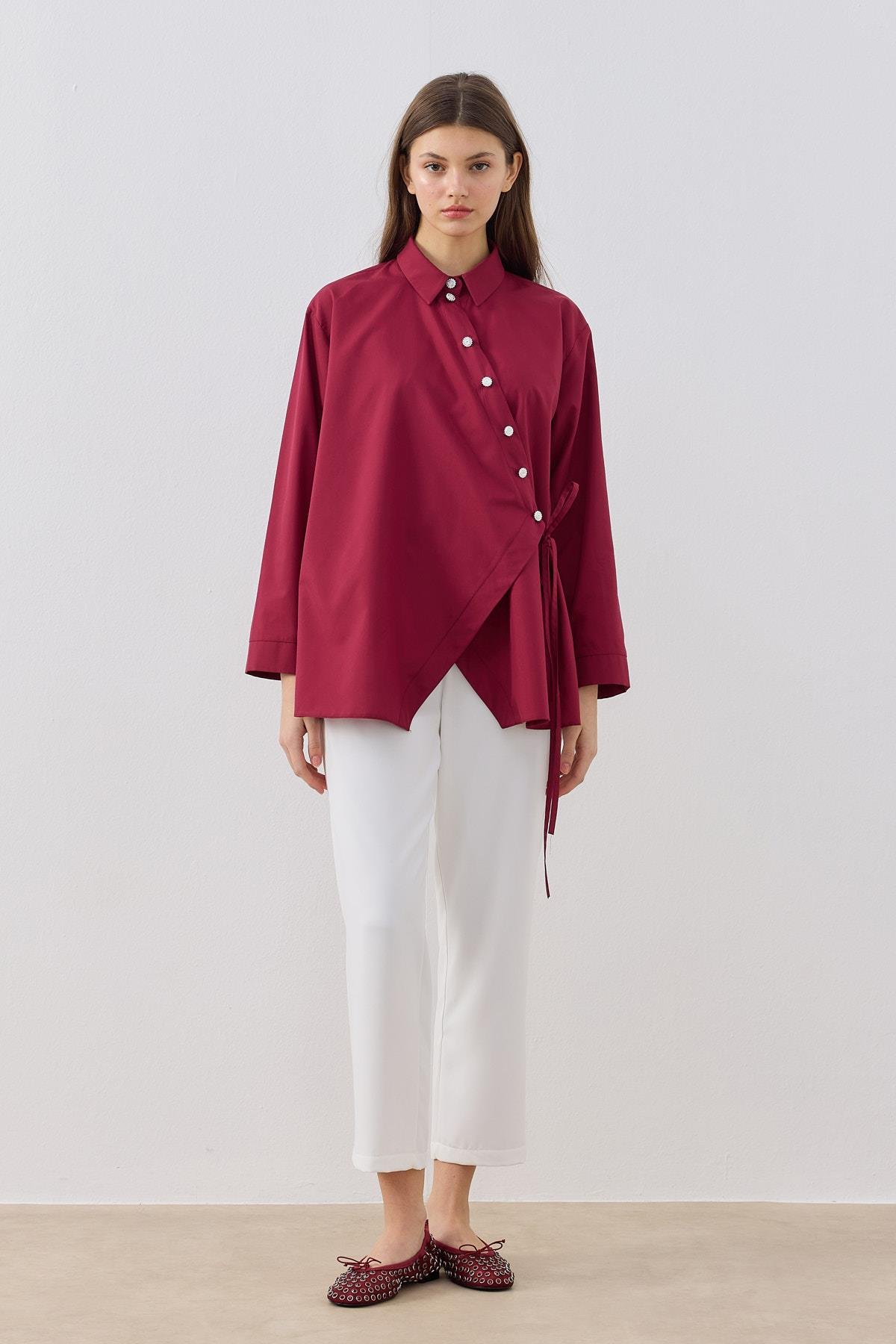 Ollie Asimetrik Kapamalı Gömlek - Bordo