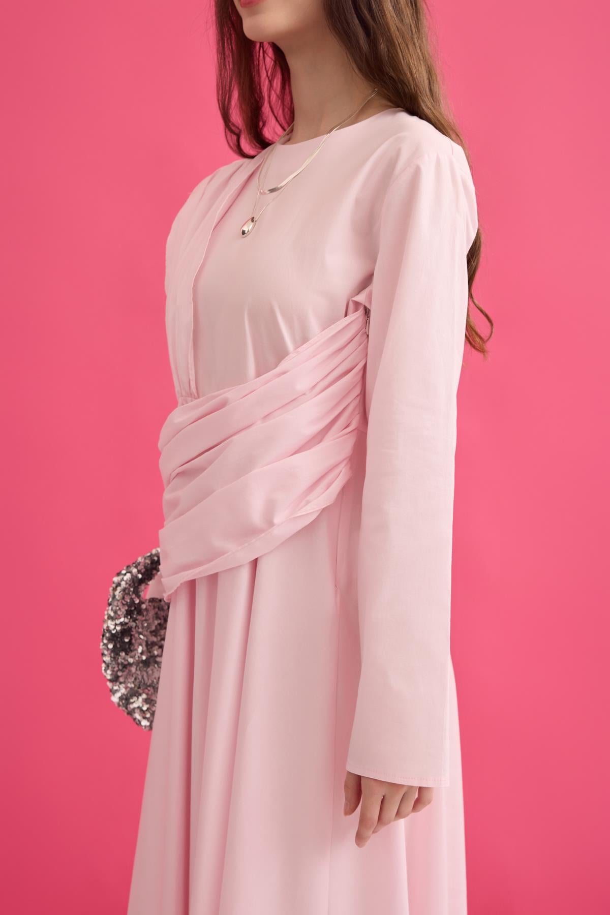 Olympia Drapeli Kuşaklı Poplin Elbise - Pembe